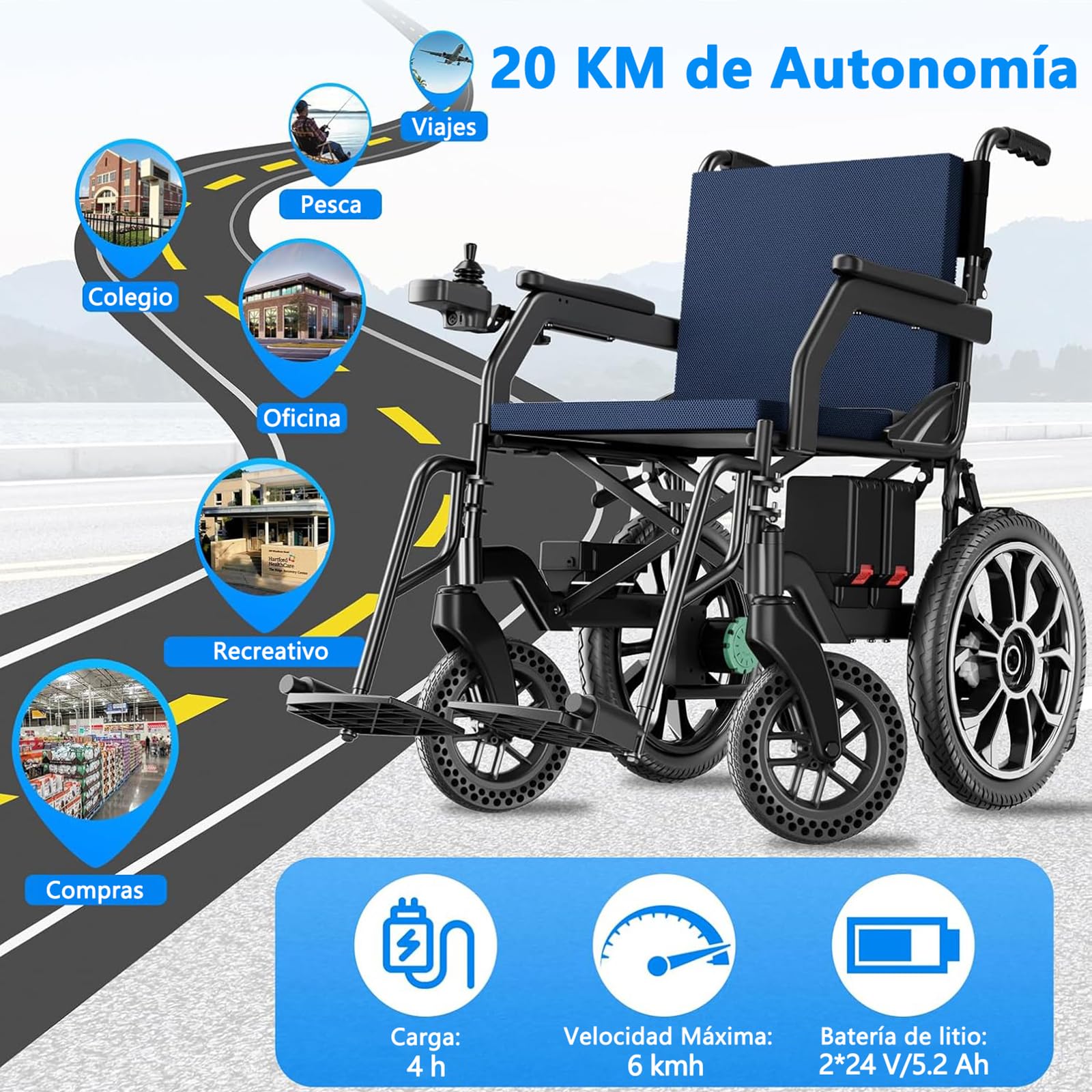 AMITD Silla de Ruedas Eléctrica Plegable Ligero Todo Terreno, 20 kg, Autonomía 20 km, Carga 150 kg, Ruedas de 16 Pulgadas, Doble Batería de Litio Extraíble, para Interior Exterior Viajar