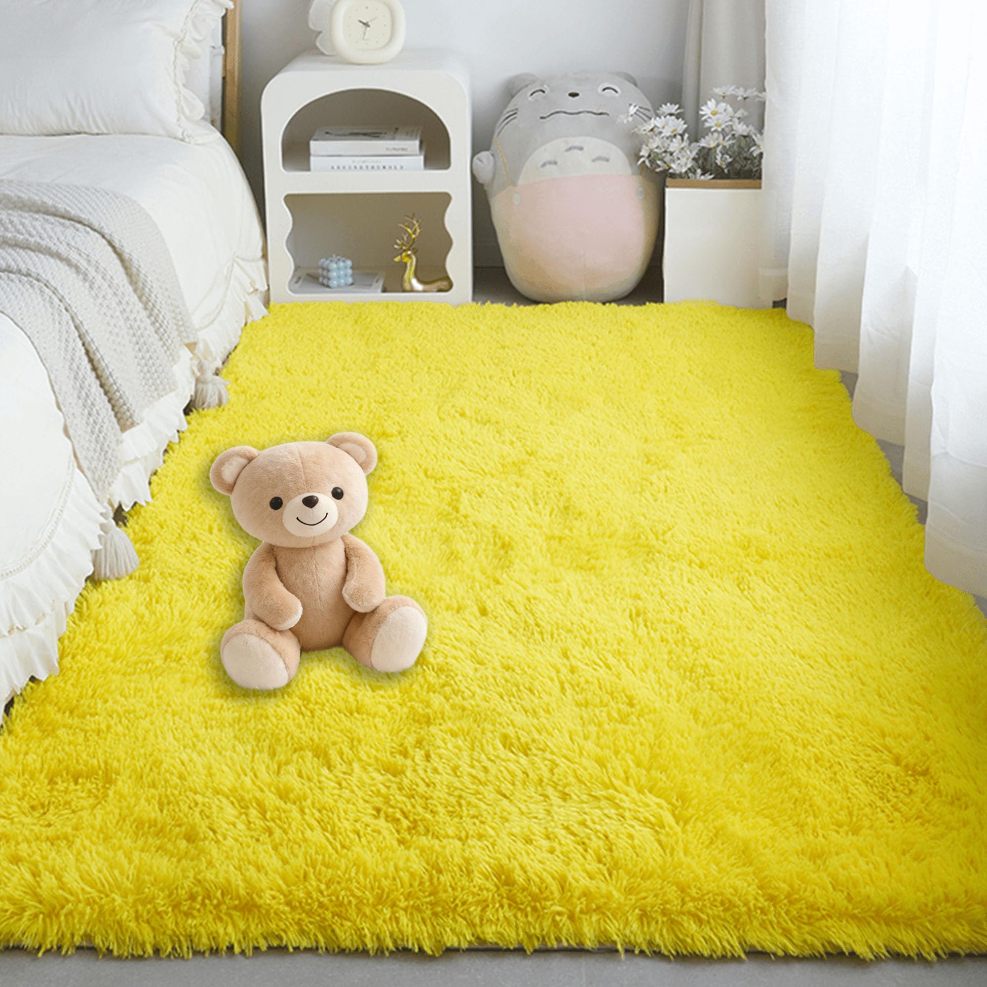 Tapis de salon moderne 220x270 cm jaune lavable à poils longs pour grand séjour et dortoir