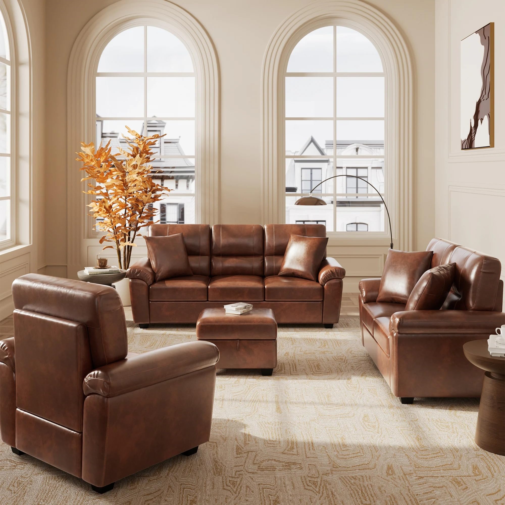 Caradel Anderson Leatherette 3+2+1 Seater Sofa with Ottoman-Tan