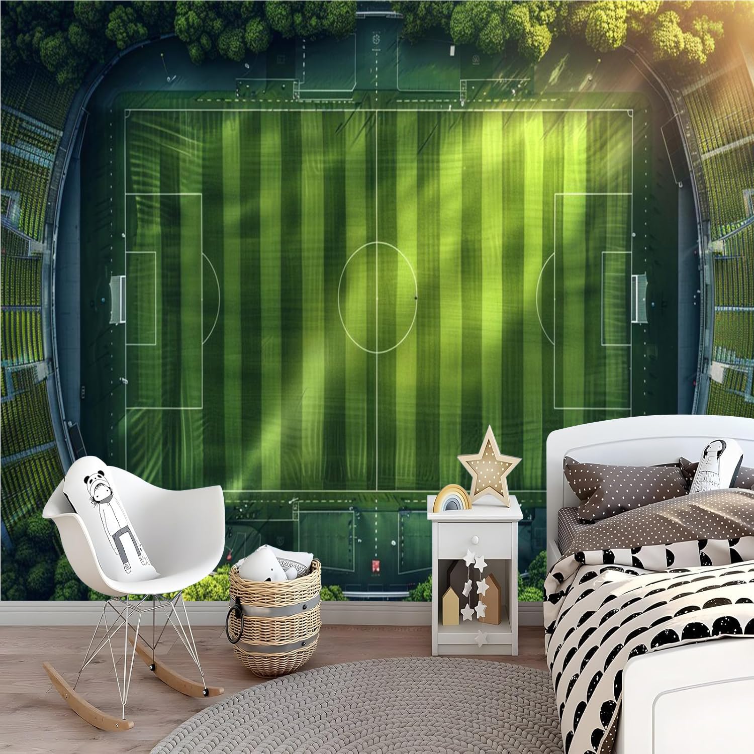 Mural de pared decorativo 300 x 210(WxH) Campo De Fútbol Decorativos Pared Papel Pintado no tejido Verde Paisaje para pared destacada de dormitorio, salón y fondo de TV2M596