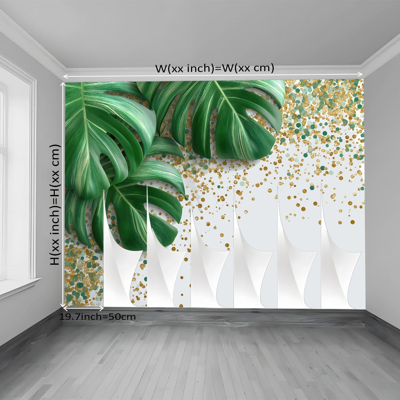 Tapeta z włókniny 400 x 280 cm, Monstera Plakat na ścianę do kuchni, sypialni, salonu, pokoju dziecięcego, dekoracja ścienna złota zieleni