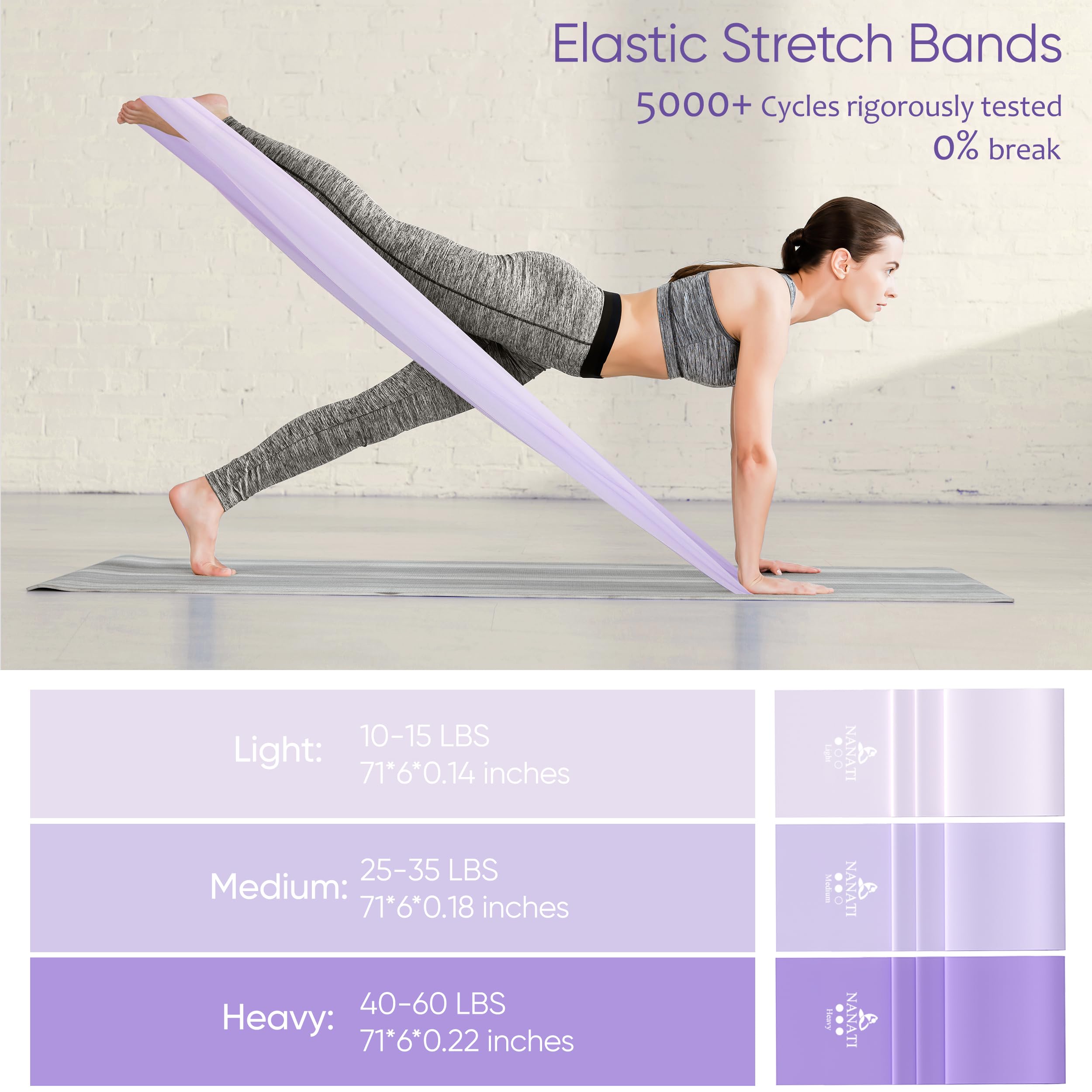 NANATI Kit de pilates 18 pièces, kit essentiel de pilates pour femmes à domicile, équipement de pilates avec anneau et balle de pilates de 36,8 cm, 7 bandes de résistance, poids de cheville, curseurs