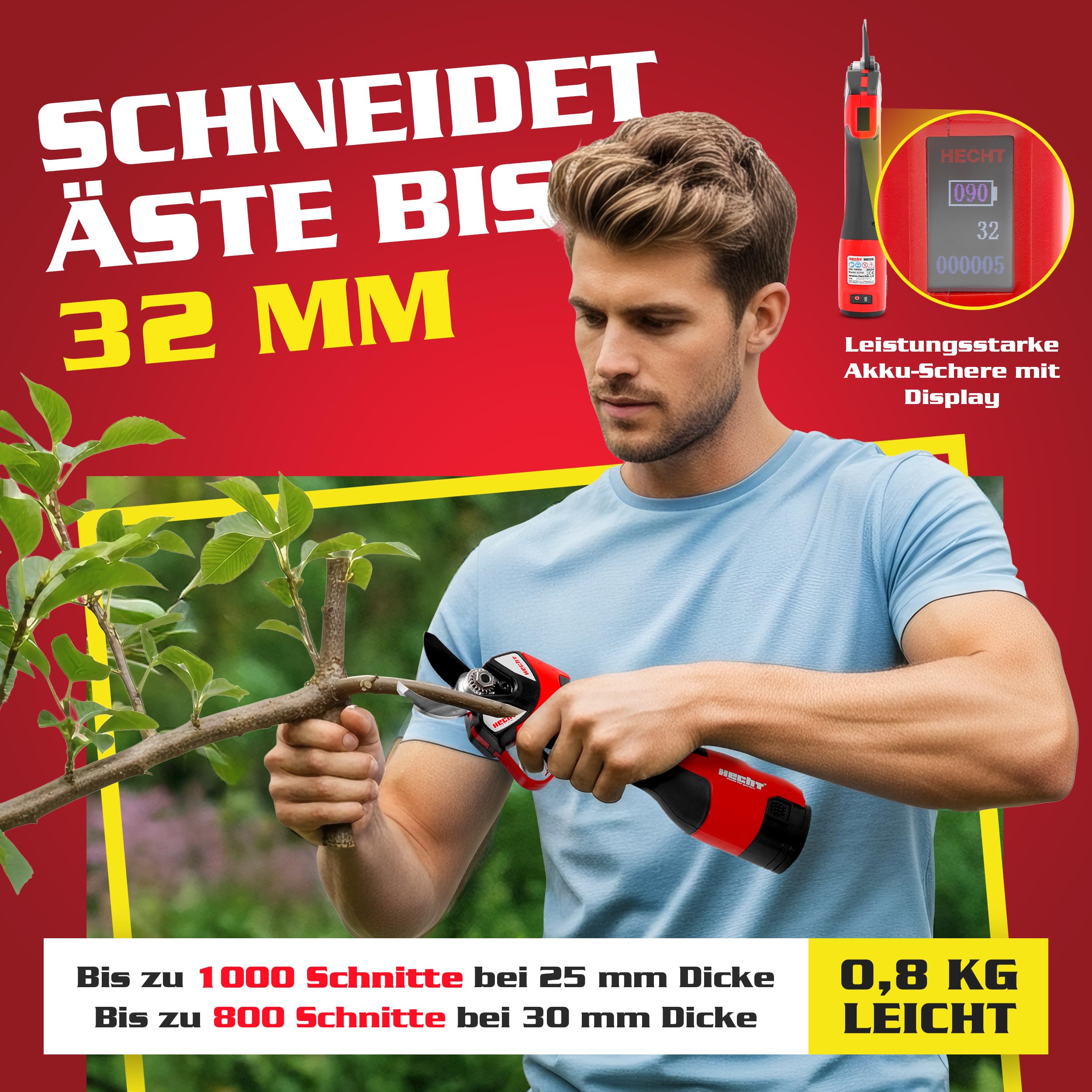 HECHT Akku Astschere 32 mm und Mini Kettensäge 14 cm 2 Akkus