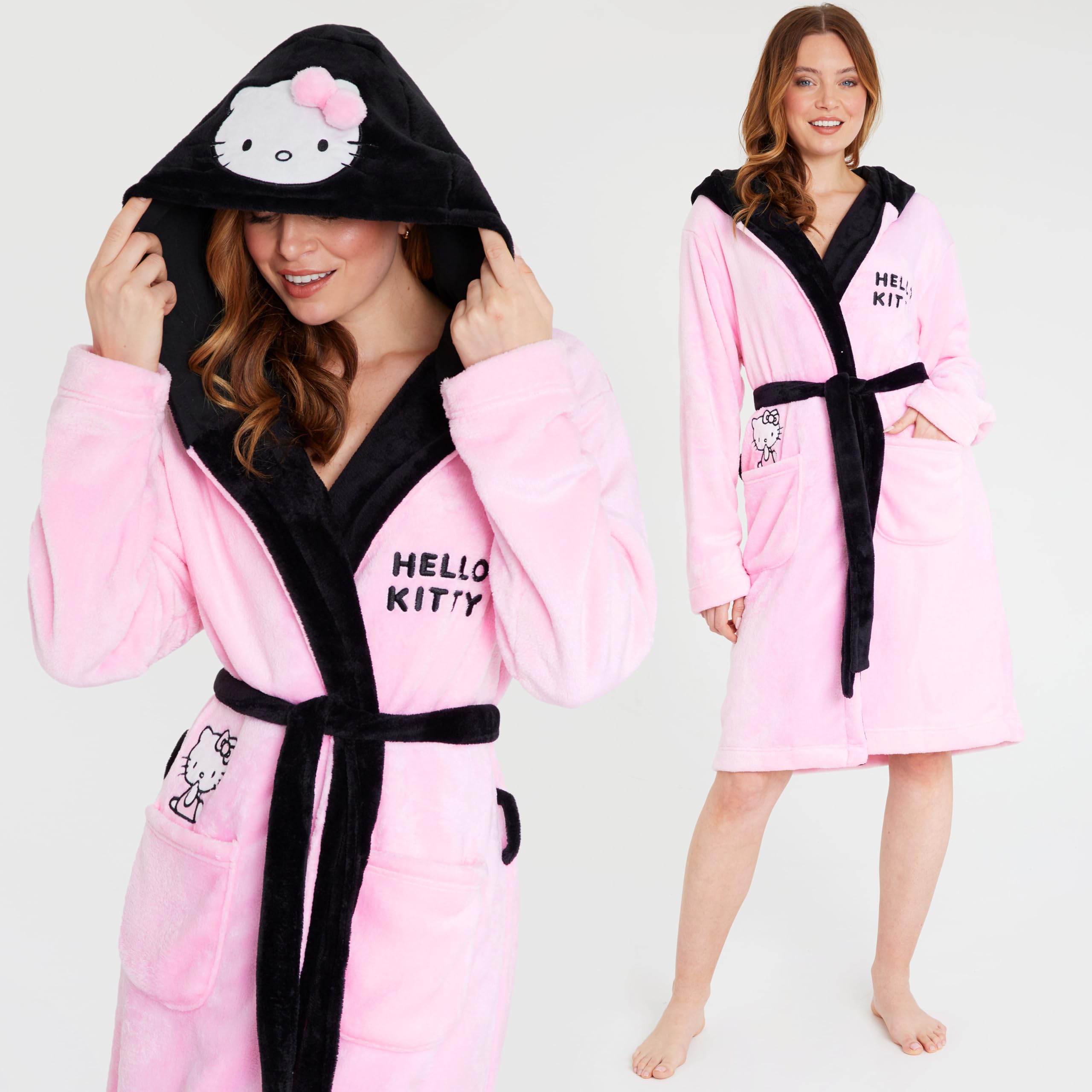Hello Kitty Sanrio Accappatoio Donna Adolescenti con Cappuccio Pile Accogliente, Abbigliamento da Casa, Anime Regalo Donna