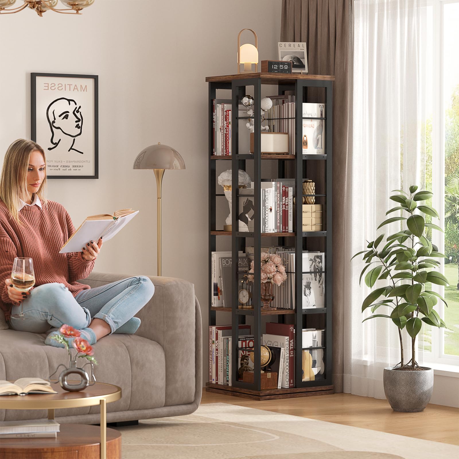 Étagère à livres rotative iSunirm, étagère d'angle, bibliothèque pivotante en bois à 360°, bibliothèque sur pied, étagère étroite et tournante, meuble de rangement pour petits espaces, marron rustique