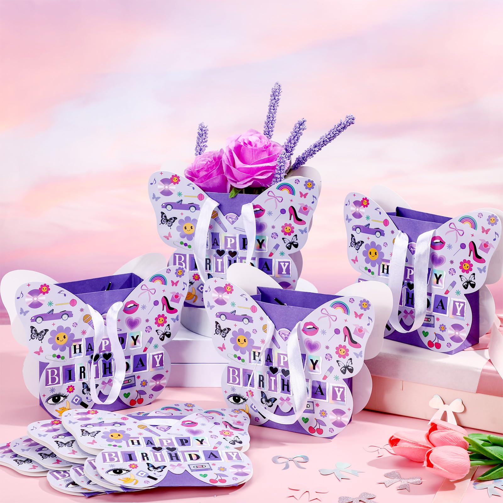 Sweetude Confezione da 24 sacchetti regalo con musica pop viola, a forma di farfalla, per feste di compleanno, cantanti, bomboniere, farfalle, sacchetti per caramelle per compleanno, cantanti