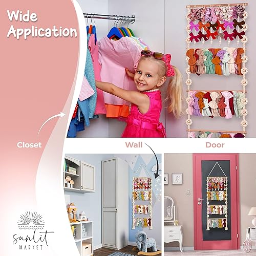 Miniatura 6 de Soporte para diadema  Soporte para lazo para bebé niña  Organizador de lazo de macramé para bebé niña con 48 ganchos de metal, 6 eslingas y cuentas