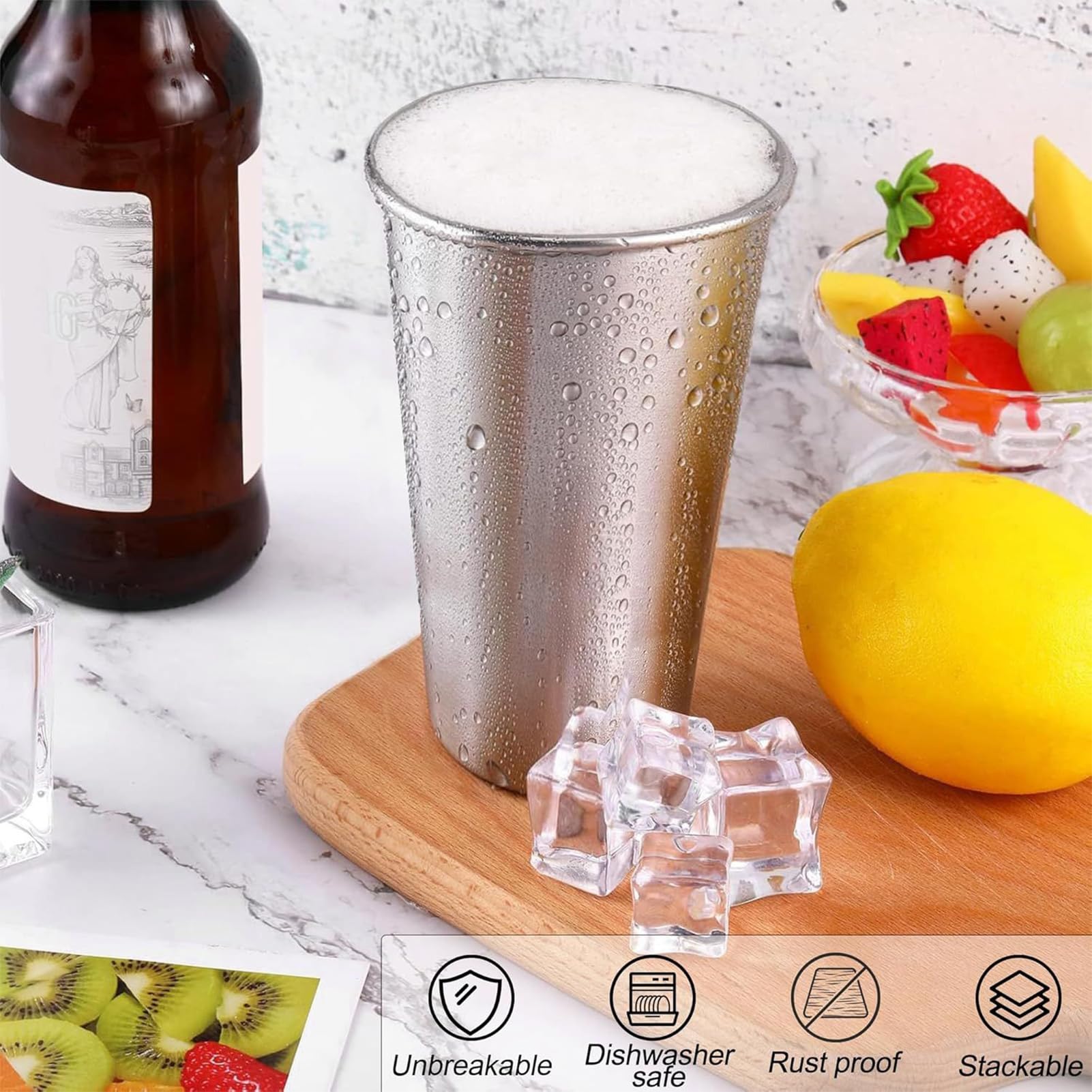 6 vasos de agua de acero inoxidable, 600 ml, apilables, irrompibles, para niños y adultos, al aire libre, escuela, picnic, cocina, camping, viajes, , bar