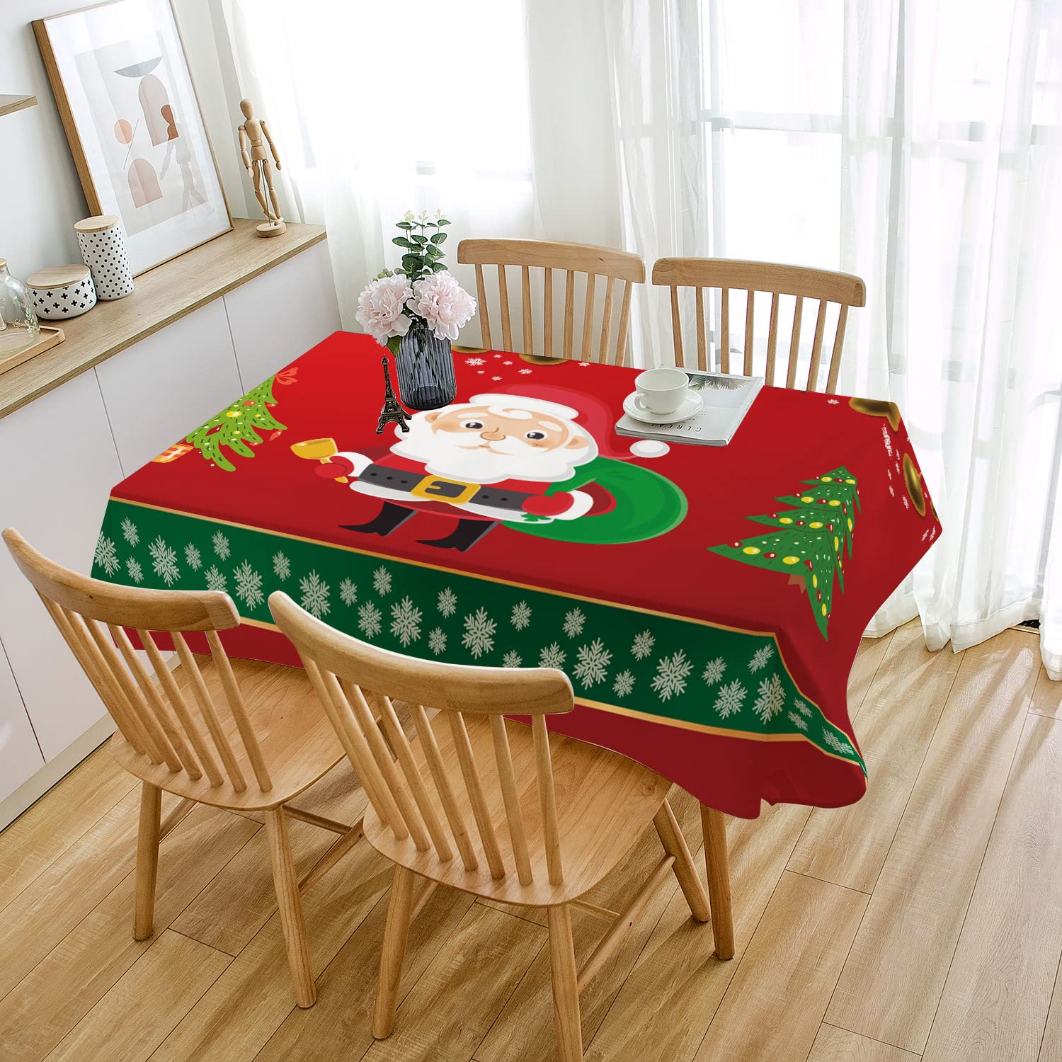 Mantel Antimanchas Papá Noel Verde Mantel Mesa Rectangular Poliéster Manteles de Mesa Impermeable Lavable Manteles Antimanchas para Casa Comedor Cocina Fiesta(140x200cm)