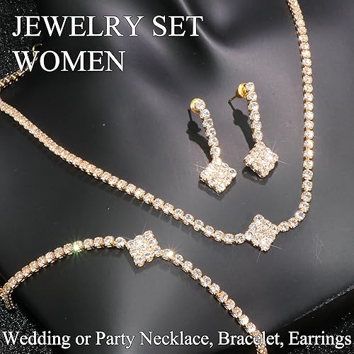 Vista 6 de Rhinestone Jewelry Set Necklace Bracelet Earrings Set Sparkly Necklace Dangle Earrings Prom Formal Costume Jewelry Sets for Women and Brides