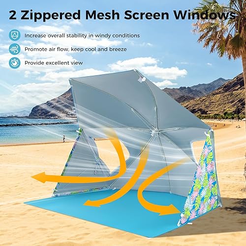 Miniatura 4 de GYMAX Tienda de campaña para sombrilla de playa, 2 en 1, UPF50+, con bolsa de transporte, hoja de tierra, paneles laterales, refugio solar para