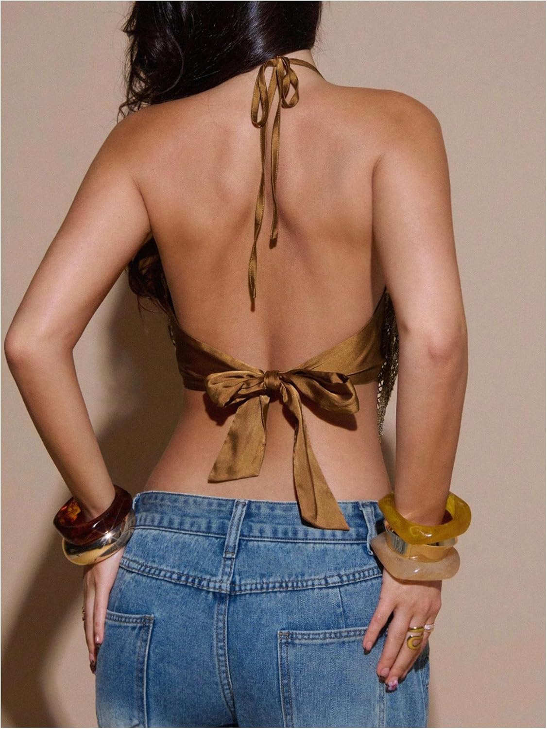 Women's Sequin Crochet Halter Tops Sparkly Tie Backless Metal Ring Rave Party Club Night Out Crop Top - Image 2