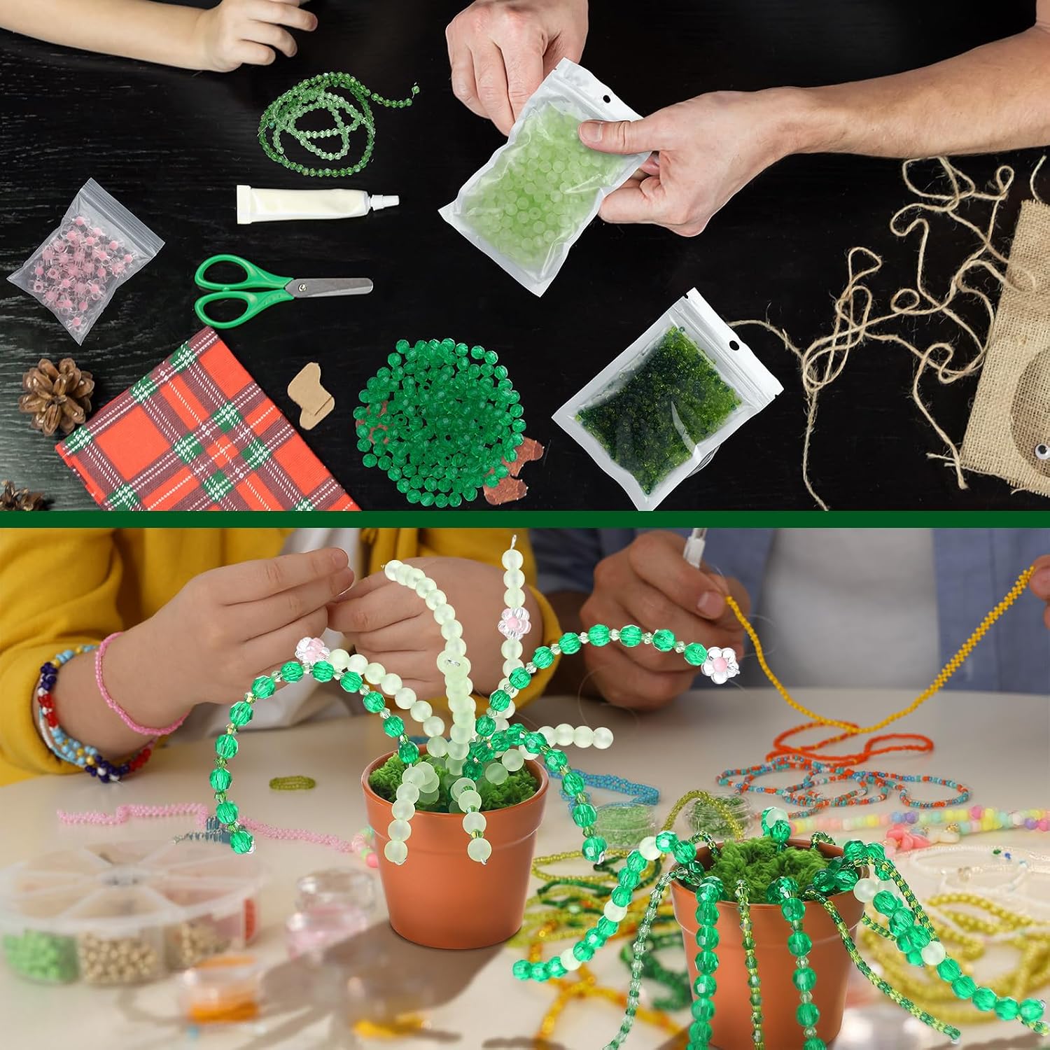 Hoolerry 2 Sets DIY Beaded Plant Kits 2.5 Inch Mini Beads and Planter Making Kit Crafts Desktop Vase Decor Green Beads Succulent Flower Kit Ornaments for Home Decor Plants Lover Handmade Gifts (Brown)
