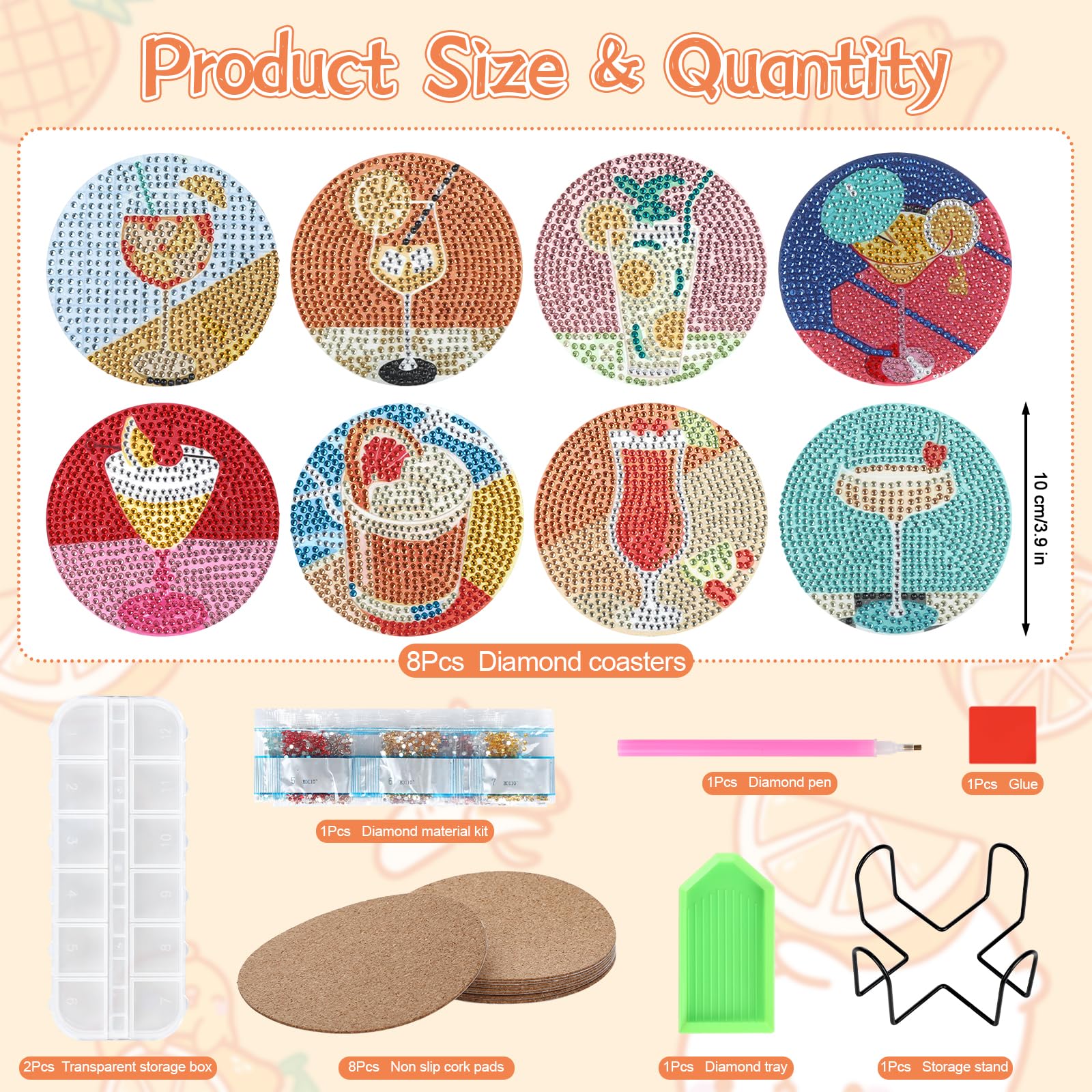 Diamond Painting Set 8 Sottobicchieri Cocktail 10x10 Cm - Kit Fai Da Te Con Diamanti, Per Adulti E Bambini