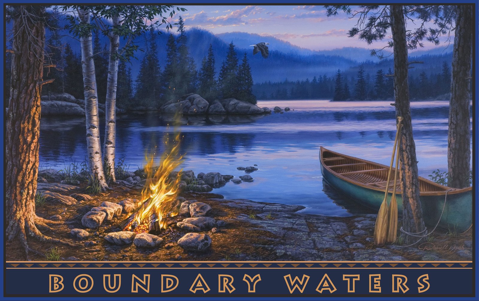 Northwest Art Mall Boundary Waters Lake Canoe Campfire Minnesota Artwork by Darrell Bush, 11-Inch by 17-Inch