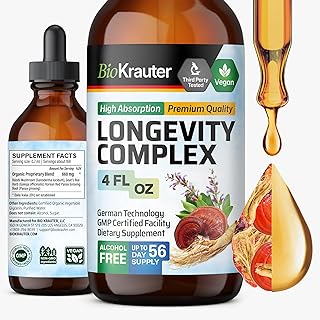 BIO KRAUTER Longevity Mushroom Supplement - Liquid Reishi Mushroom Complex with Goat’s Rue & Red Ginseng Root Extract - Vegan Tincture - Alcohol & Sugar Free Drops 4 Fl.Oz.