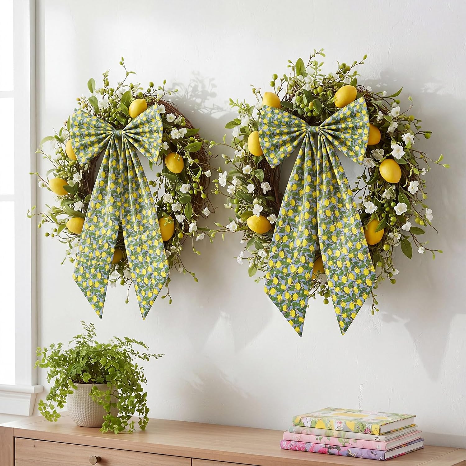 HunnmingRe 2 Pcs Lemon Bow Wreath Sash 24 x 16 Inch Spring Wreath Sash for Front Door Holiday Floral Burlap Bow Accessories for Doorway Indoor Outdoor Garland Home(Yellow Green) image 3