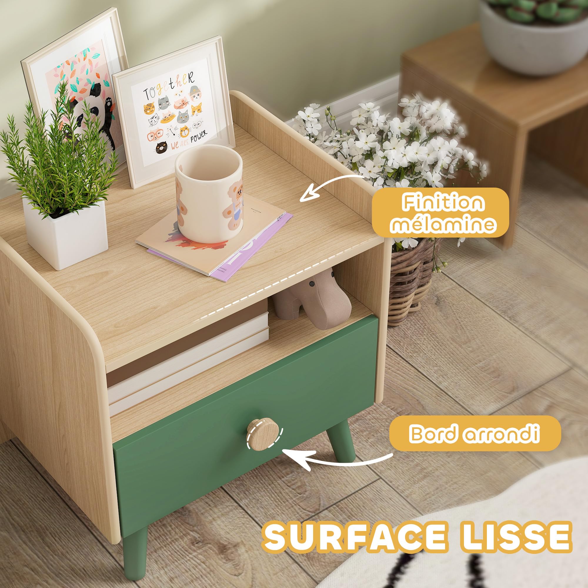 AIYAPLAY Lot de 2 Tables de Chevet Enfant, Tables de Nuit Enfant avec tiroir et Niche, Petite Table d'appoint en Bois pour Chambre d'enfant, 40L x 32,5l x 40H cm, Vert