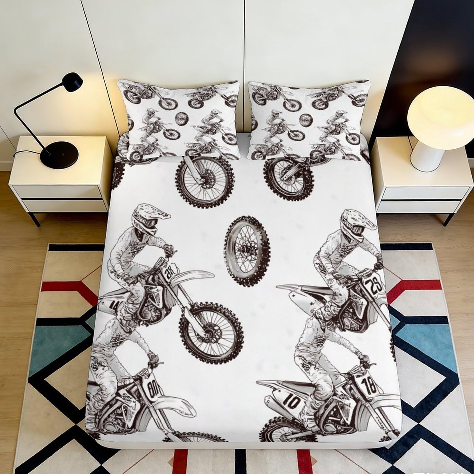 3D Printed Motocross Fitted Sheet Microfiber Soft Breathable Dirt Bike Mattress Cover for Bedroom Dormitory Guest Room Mattress Protection Decor 140x200x25cm