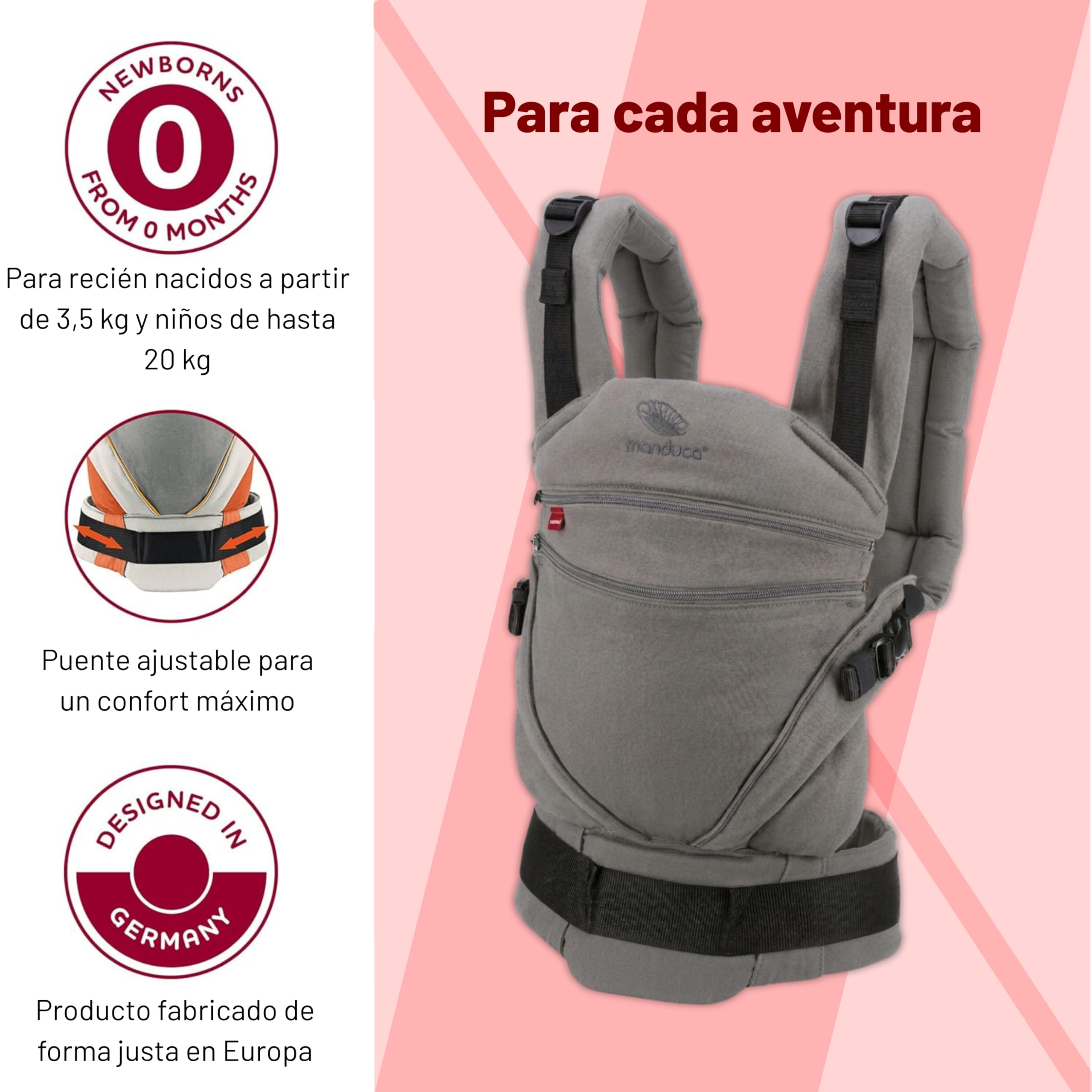 Portabebés Manduca XT, asiento ajustable, apto desde el nacimiento, fabricado en algodón orgánico con 3 posiciones de transporte, melange grey