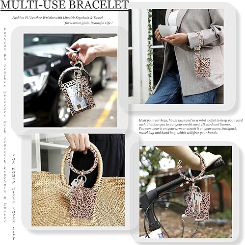 Miniatura 6 de BIHRTC - Pulsera de pulsera llavero titular de la tarjeta brazalete de piel sintética, llavero redondo con soporte para lápiz labial, para niñas,