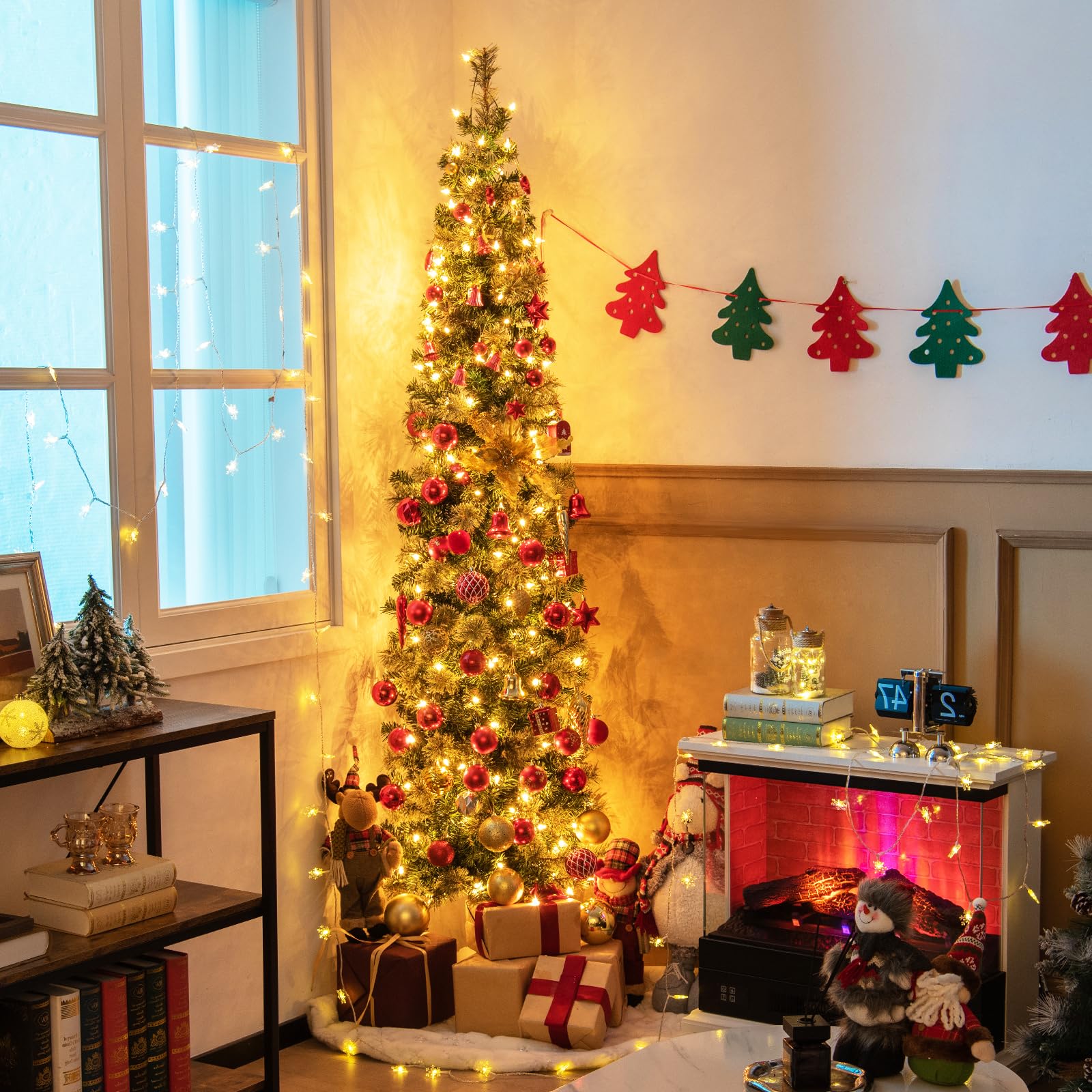 LIFEZEAL Demi - Arbre de Noël Artificiel Slim 210 cm, Arbre Mural Semi-Lumineux avec 403 Branches de Pin, Réaliste,Christmas Tree