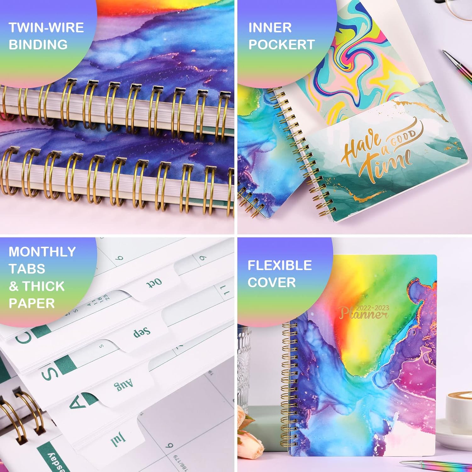 Planner 2022-2023 - Academic Planner 2022-2023, Weekly & Monthly Planner with Tabs, July 2022 - June 2023, 6" x 8.4", Flexible Cover with Back Pocket + Twin-Wire Binding + 17 Notes Pages - Rainbow : Office Products