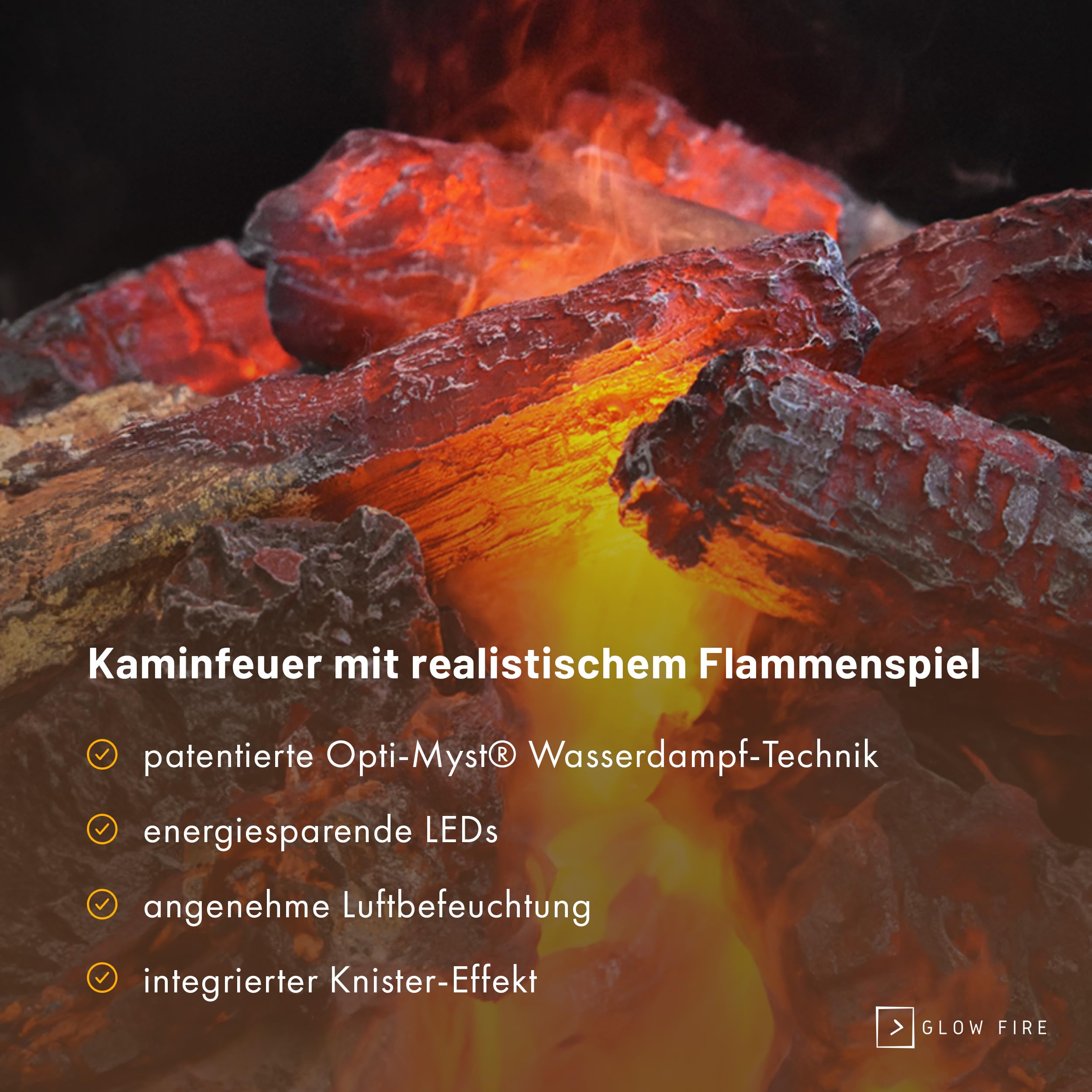 GLOW FIRE Wasserdampf Kamin PLANCK Links (Standkamin) - Elektrokamin mit realistischen LED 3D-Flammen, Knistereffekt & Fernbedienung, 109x90 cm - Opti-Myst 600 Elektro Kamin mit Holz-Deko, Weiß