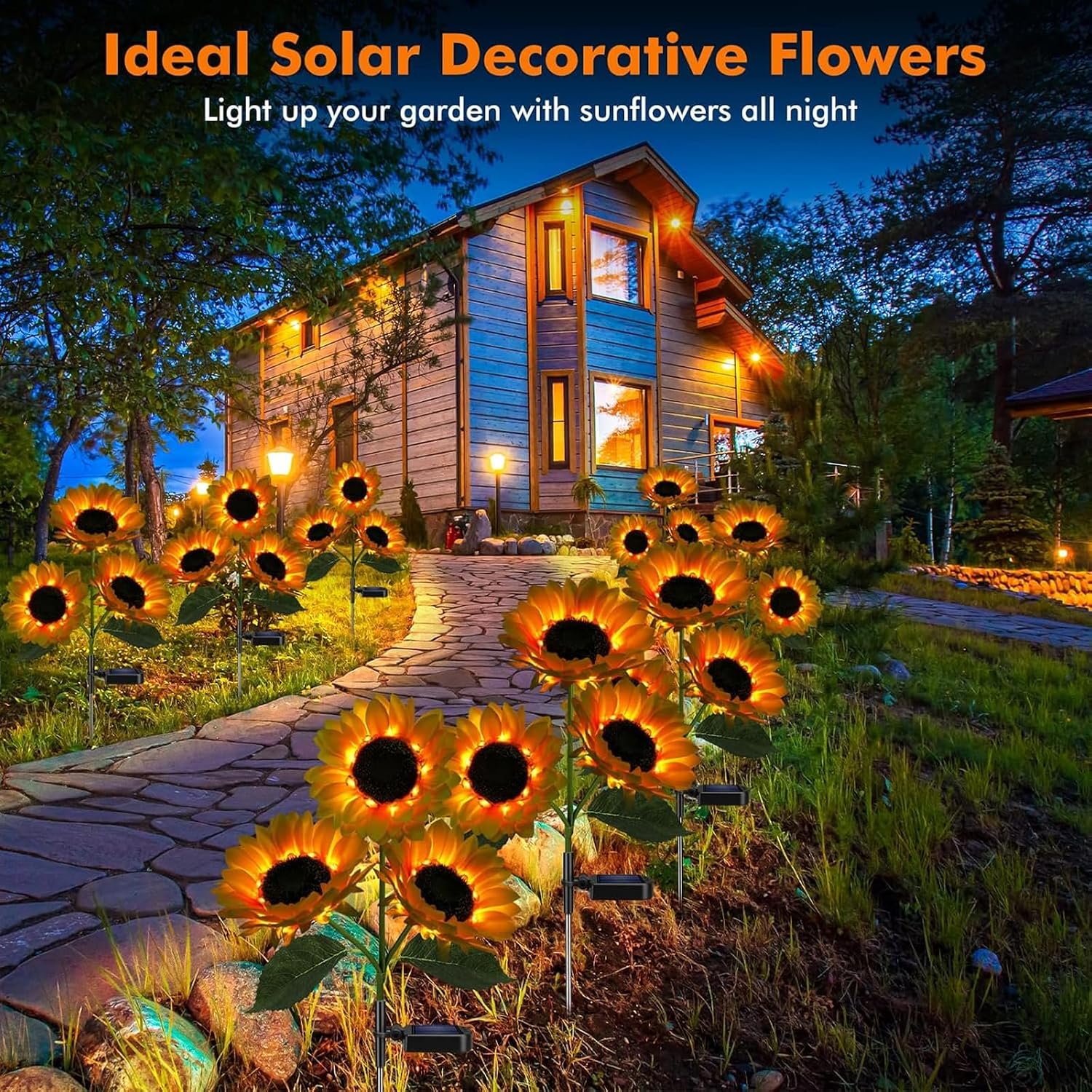 Upgraded 2 - piece Set of Outdoor Sunflower Solar Garden Lights, Each with 6 Sunflower - Shaped Lights. Waterproof and auto on/Off, Perfect for Decorating Gardens, patios, and Yards.