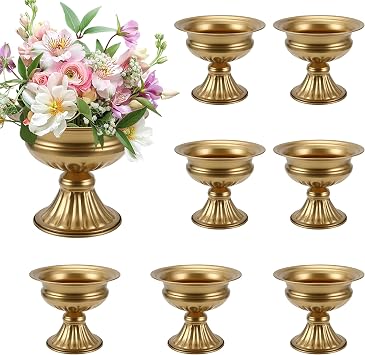MCMCNCUIU Gold Vases for Centerpieces, Set of 8 Vintage Urn Vase, Small Pedestal Vases for Wedding Centerpieces, Gold Metal Vase for Wedding Table, Party, Home, Anniversary Decoration, 6.6 Inches
