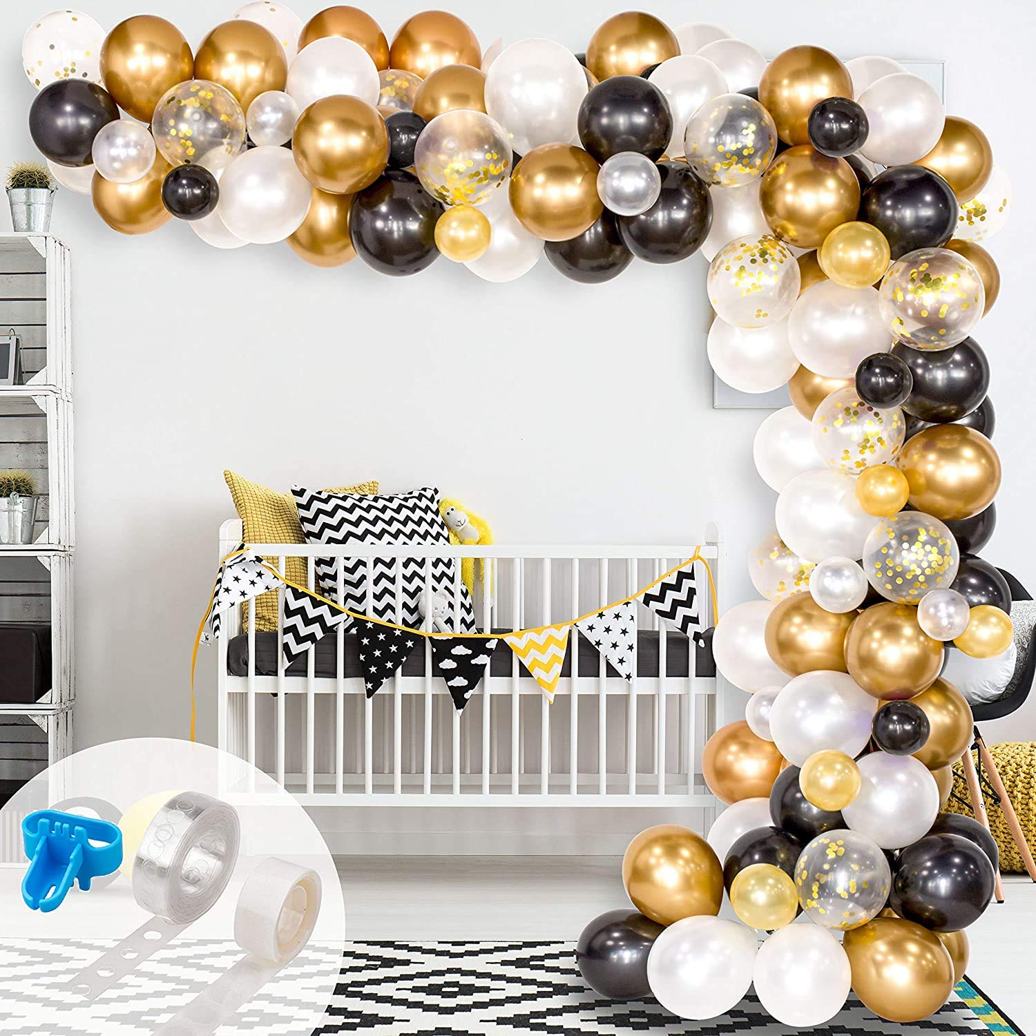 Lele 120Pcs Balloon Arch & Garland Kit,Gold Confetti And Metal Latex Balloons With 1Pcs Tying Tool, Balloon Strip Tape And Glue Dots For Wedding Birthday Grad Party Decor