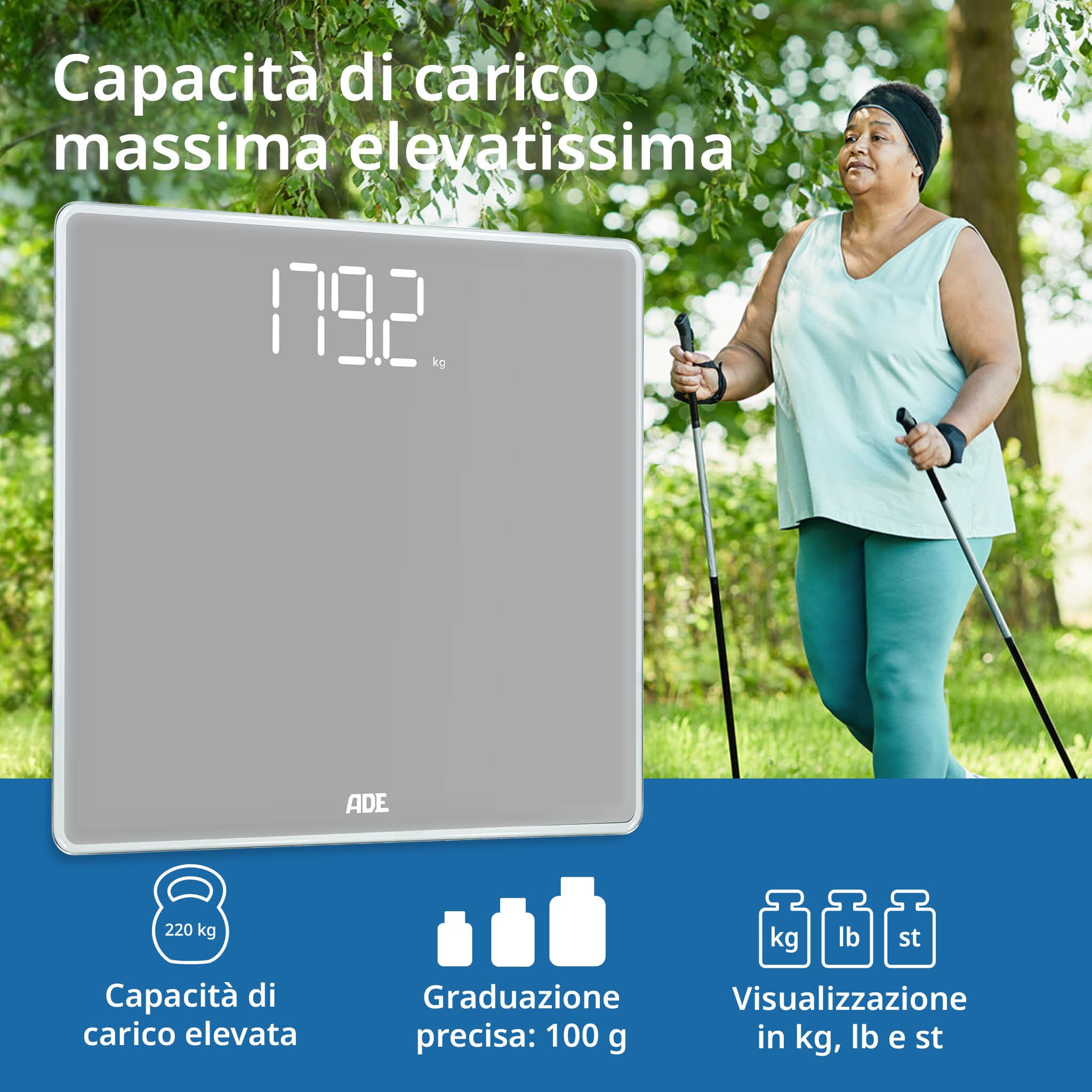 ADE Bilancia pesapersone digitale con elevata capacità di carico fino a 220 kg | bilancia pesapersone precisa con cifre luminose XXL | ampio display | superficie di pesatura extra large | grigio