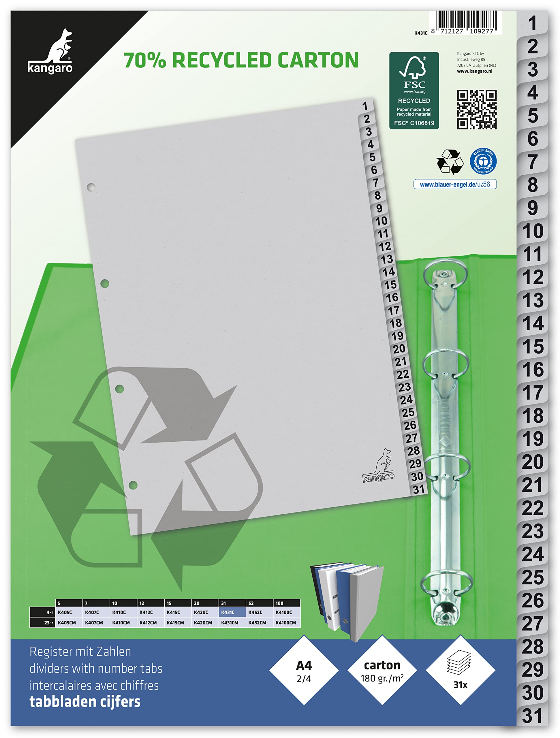 Kangaro Zakładki kartonowe DIN A4 cyfry 1-31. 180 g/m² pochodzący z recyklingu szary karton FSC - 31-częściowy