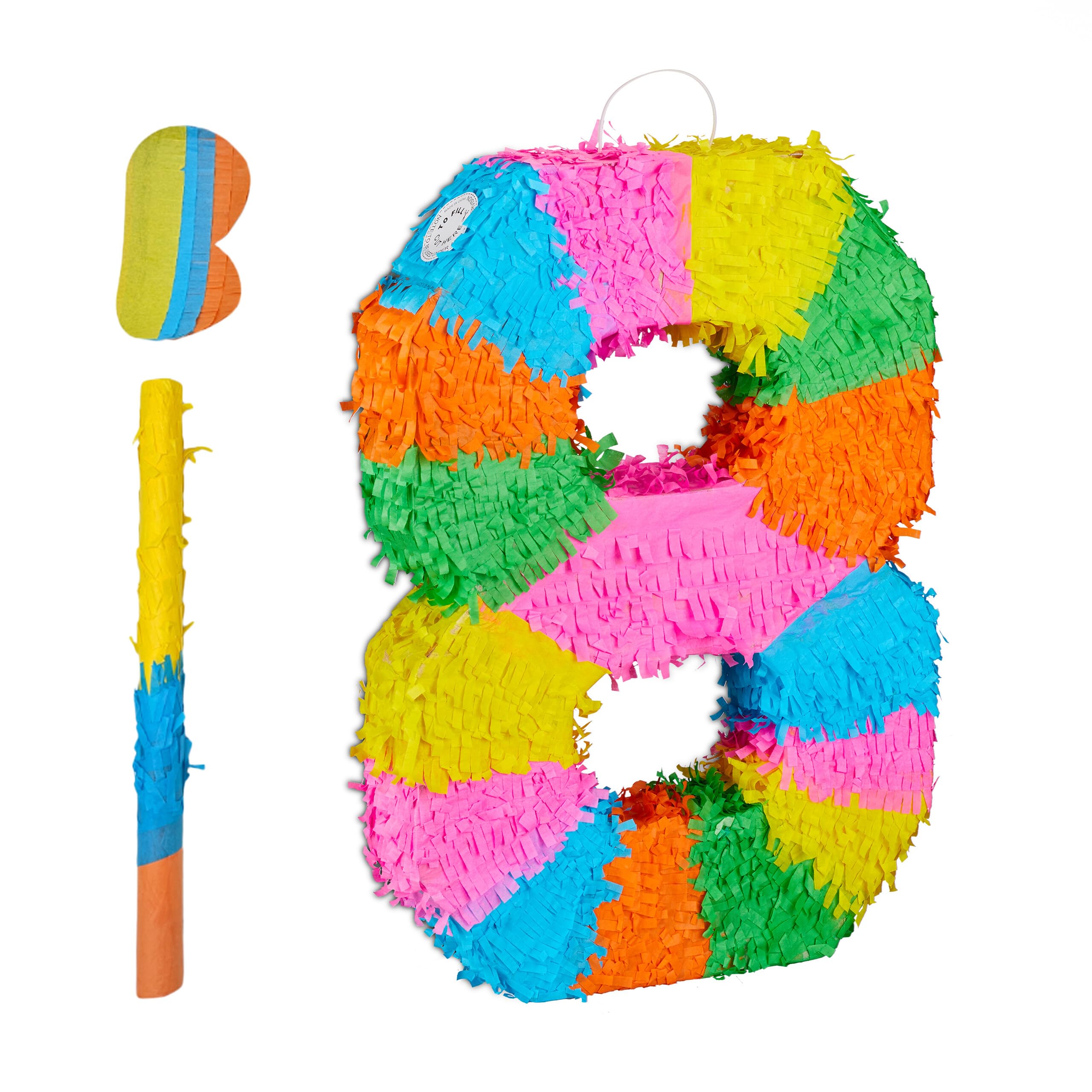 Relaxdays Piñata Arcobaleno Numero 8 per Compleanni, HLP 50,5x35,5x7,5 cm, Colorata