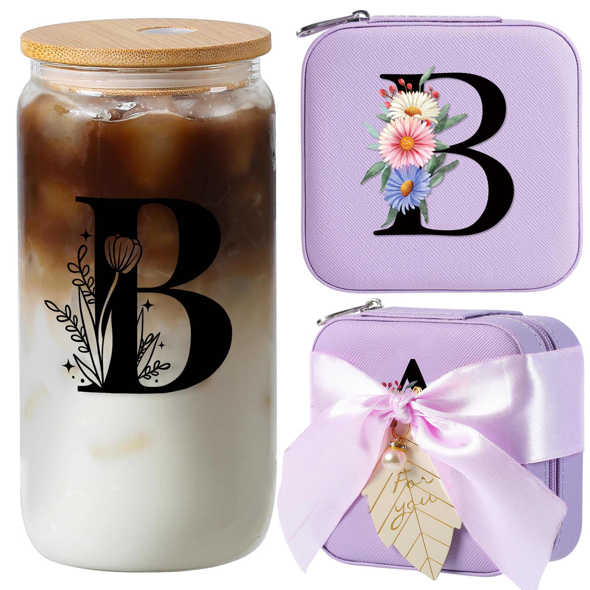 AYGXU Travel Must-Have Gifts,travel jewelry case organizer,small jewelry travel case,Cute Tumbler Cup,16oz bamboo lids for glass cups,teacher appreciation gifts for women,Initial B purple