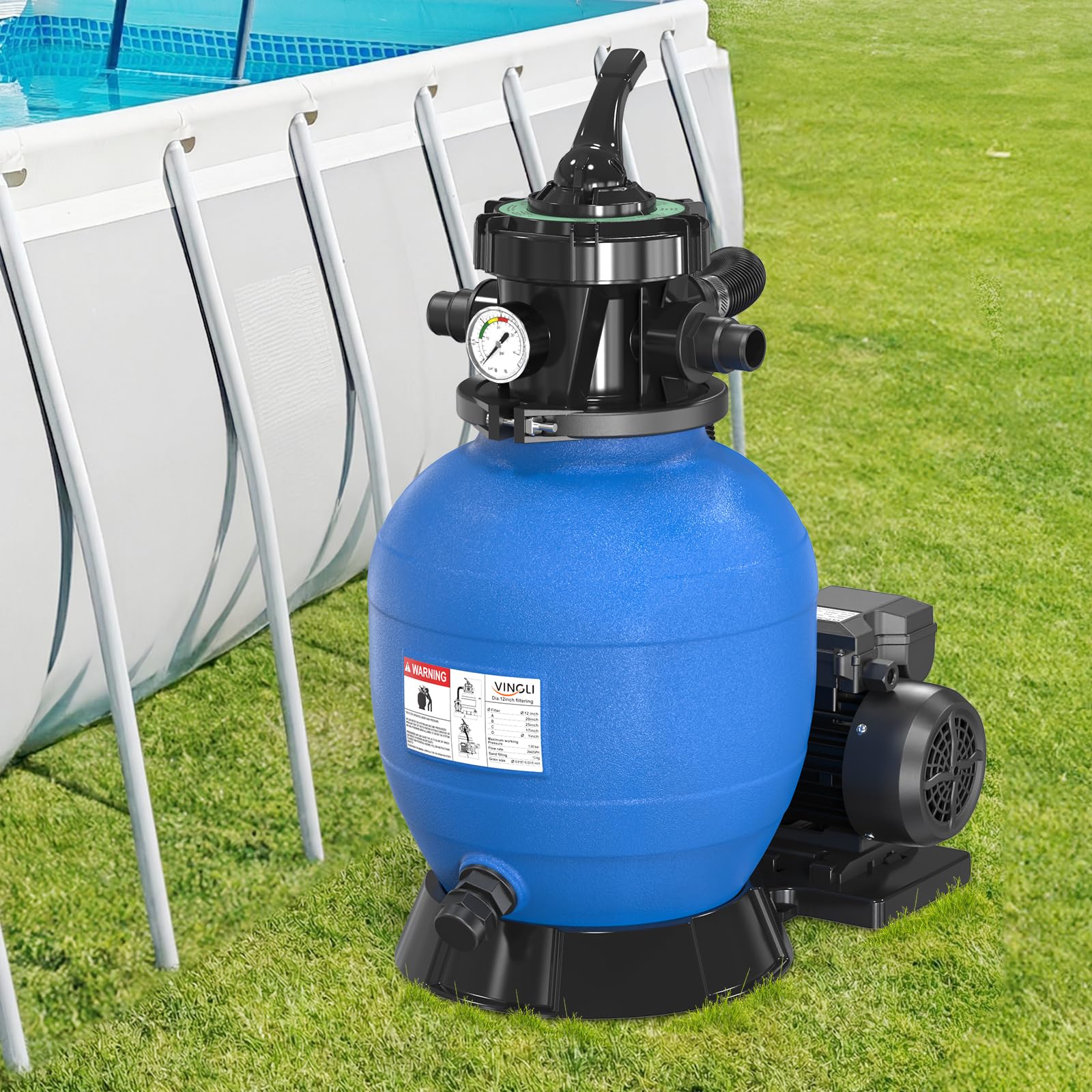 LEADZM Pompe Piscine Filtre à Sable 10 m³/h + 500g Boules de Filtre, Filtre a Sable Piscine avec Vanne 7 Voies, Pour Bassins jusqu’à 37 m³ (Bleu)