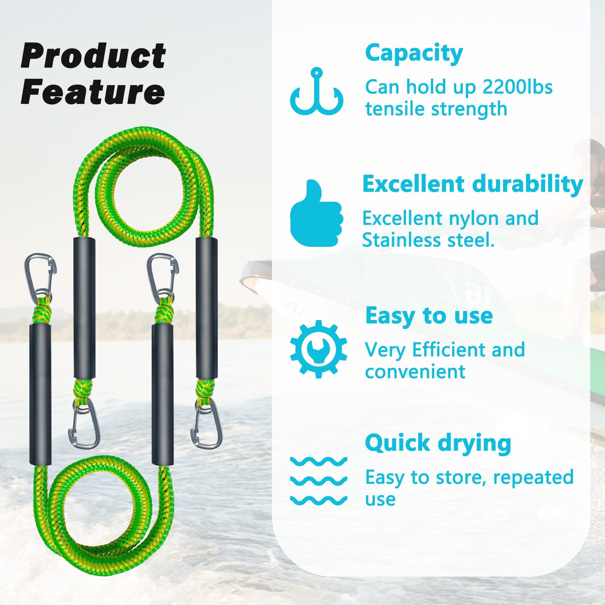 Lot de 2 cordes d'amarrage élastiques pour bateau avec double clips en acier inoxydable 316 pour basses, jet ski, kayak, ponton, embarcation, Waverunner, SeaDoo, canoë, vert