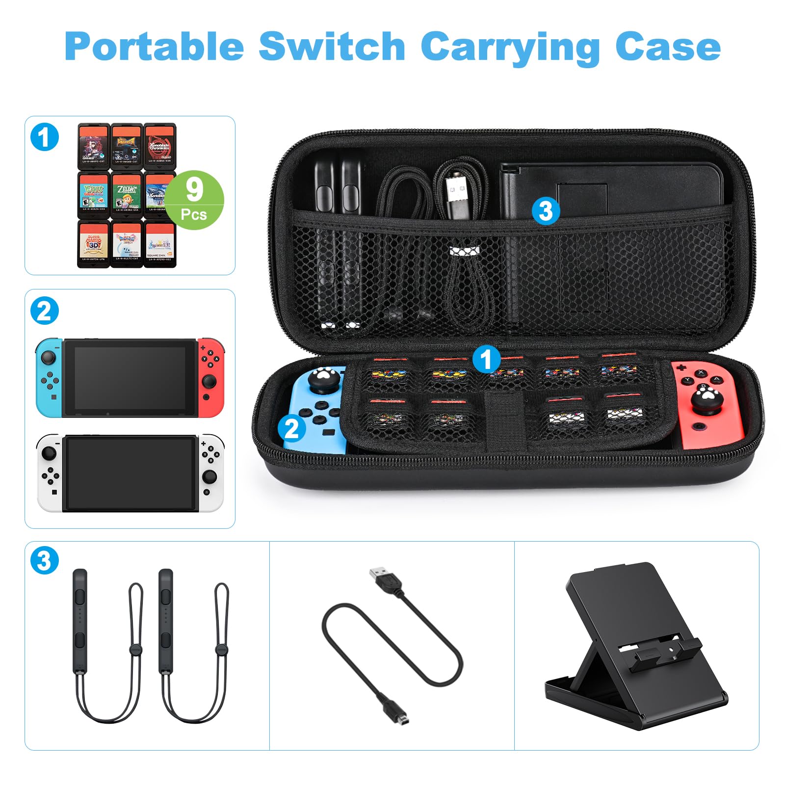 Younik Étui Compatible pour NS Switch/Switch OLED, 11 en 1 Switch Accessoires avec Pochette Housse Coque pour Switch, Protège Pouce,Autocollants Mignons et Pendentifs (Noir)
