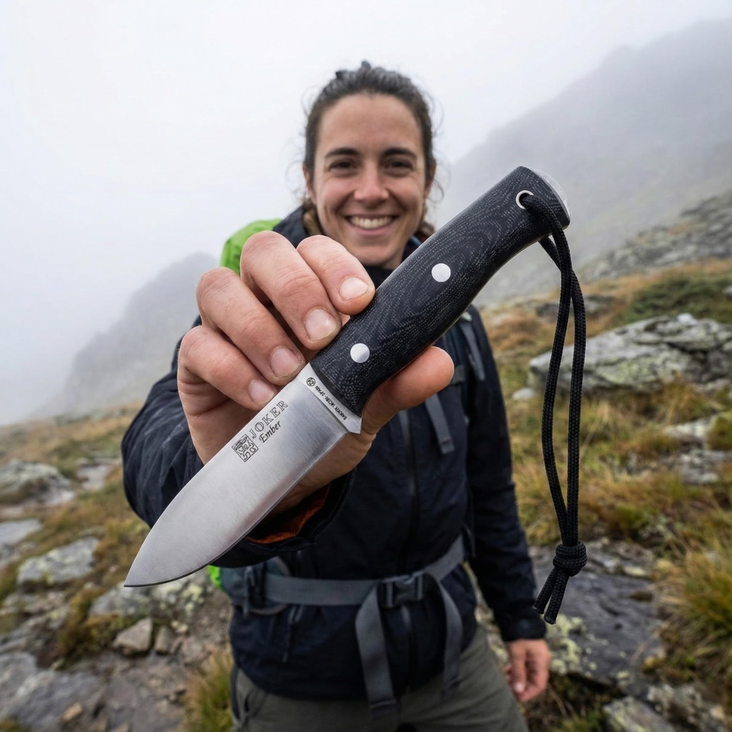 Joker Bushcraft Jokermesser Ember F CM123-P, schwarze Lederscheide, Gürtelmesser mit 10,5 cm Klinge, Micarta-griff, mit Feuerstahl und Parakord 550, Werkzeug zum Fischen, Jagen, Campen und Wandern