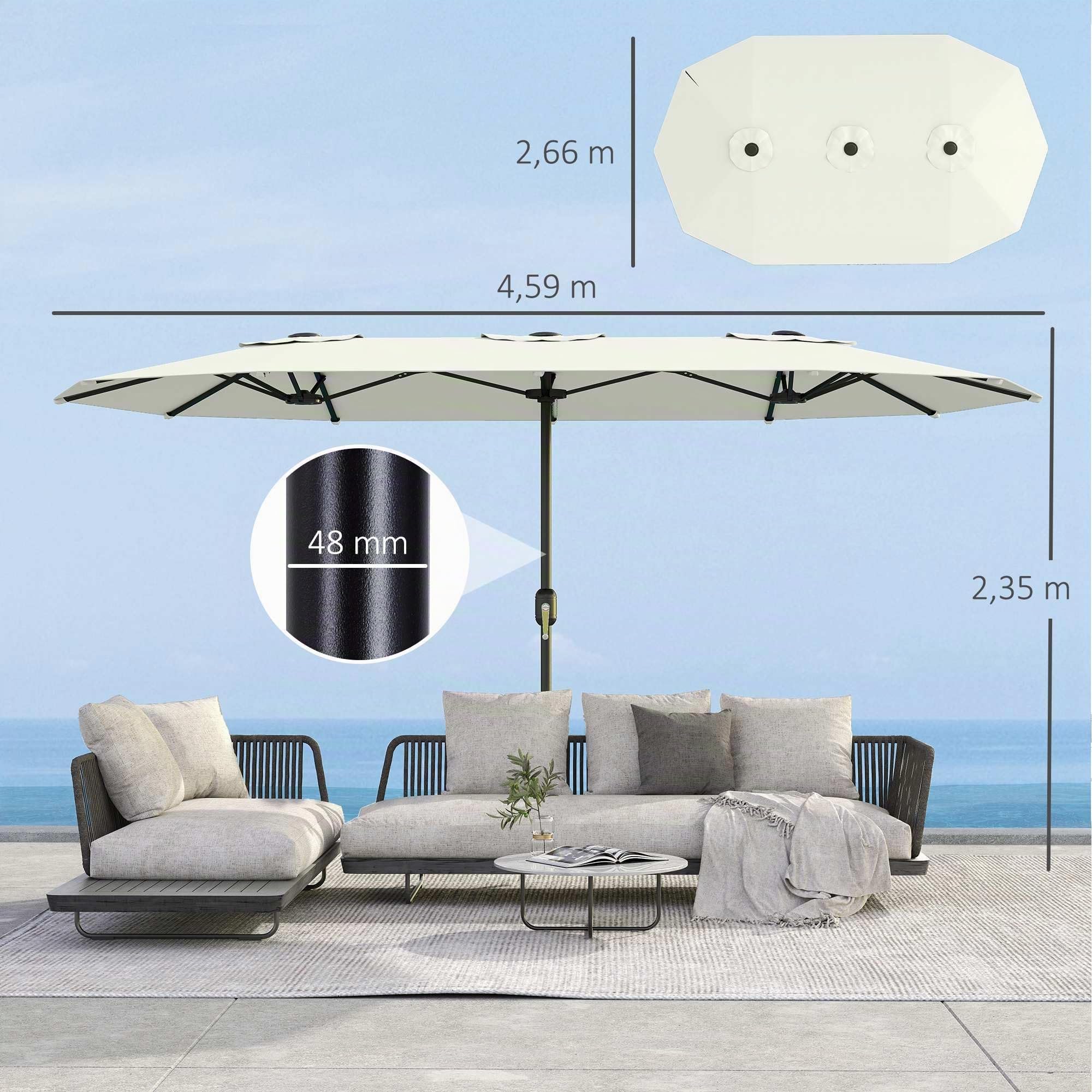 Outsunny Sombrilla Doble 4,6x2,6 m con Manivela Manual UV50+ Blanco | Sombrilla Terraza Exterior, Funda Protectora, Resistente al Agua, Parasol para Jardín, Terraza, Patio