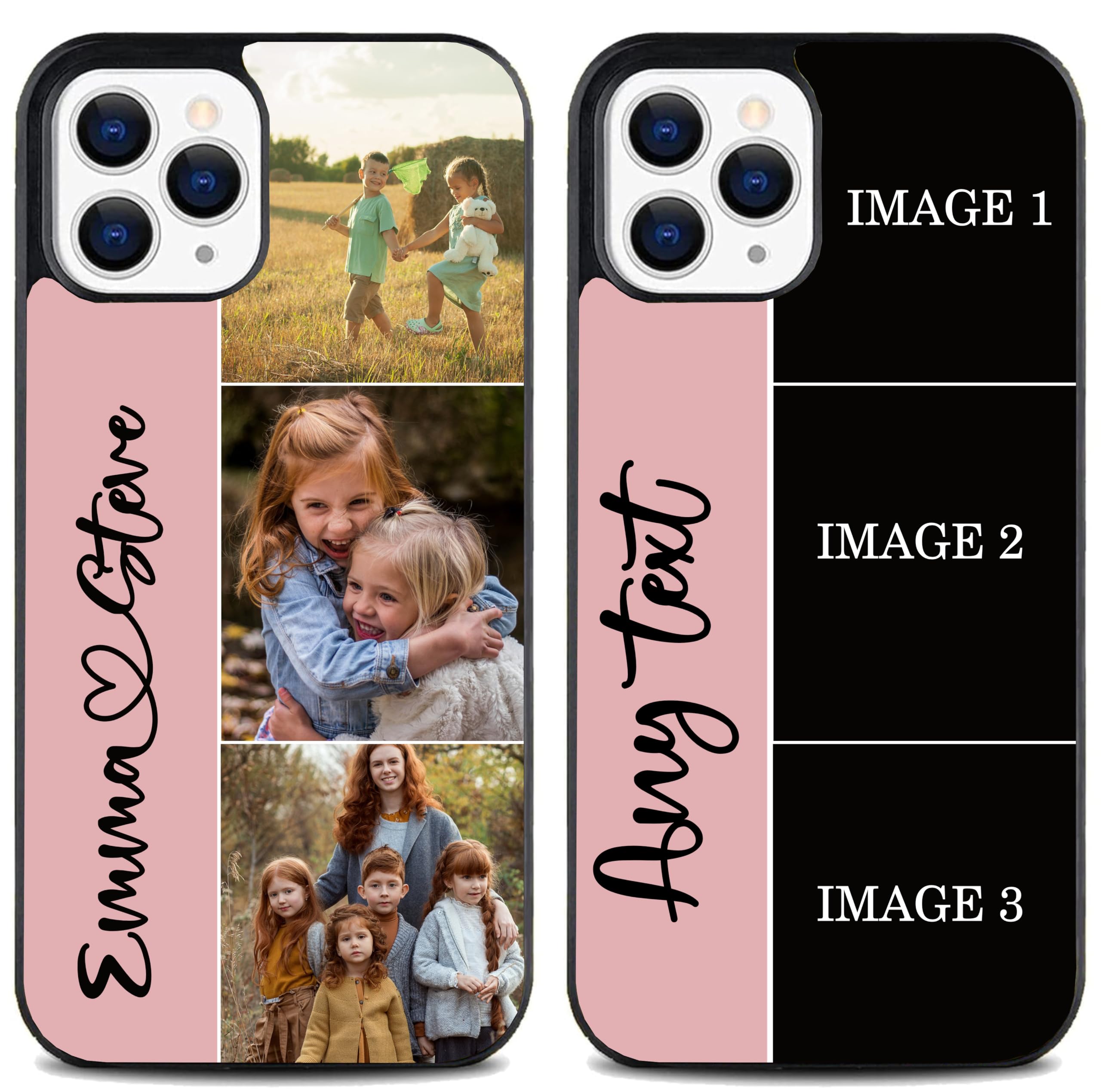 EKAM Personalised Phone Case For Apple iPhone 17, 16, 15, 14, Pro, Max, Plus 13, 12, 11, X, XS, XR, SE, 8, 7 - Add Your Text & 3 photos multiple Picture Custom Design PC + Soft TPU Case (Pink)