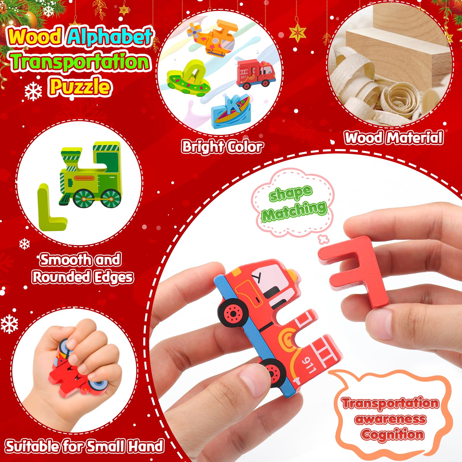 Advent Calendar 2025 Kids,Wooden Alphabet Transportation Puzzles for Toddlers,52 Pcs ABC Matching Game,Christmas Countdown Wood Transportation Puzzles and Preschool Learning Activities for Boys,Girls - Image 4