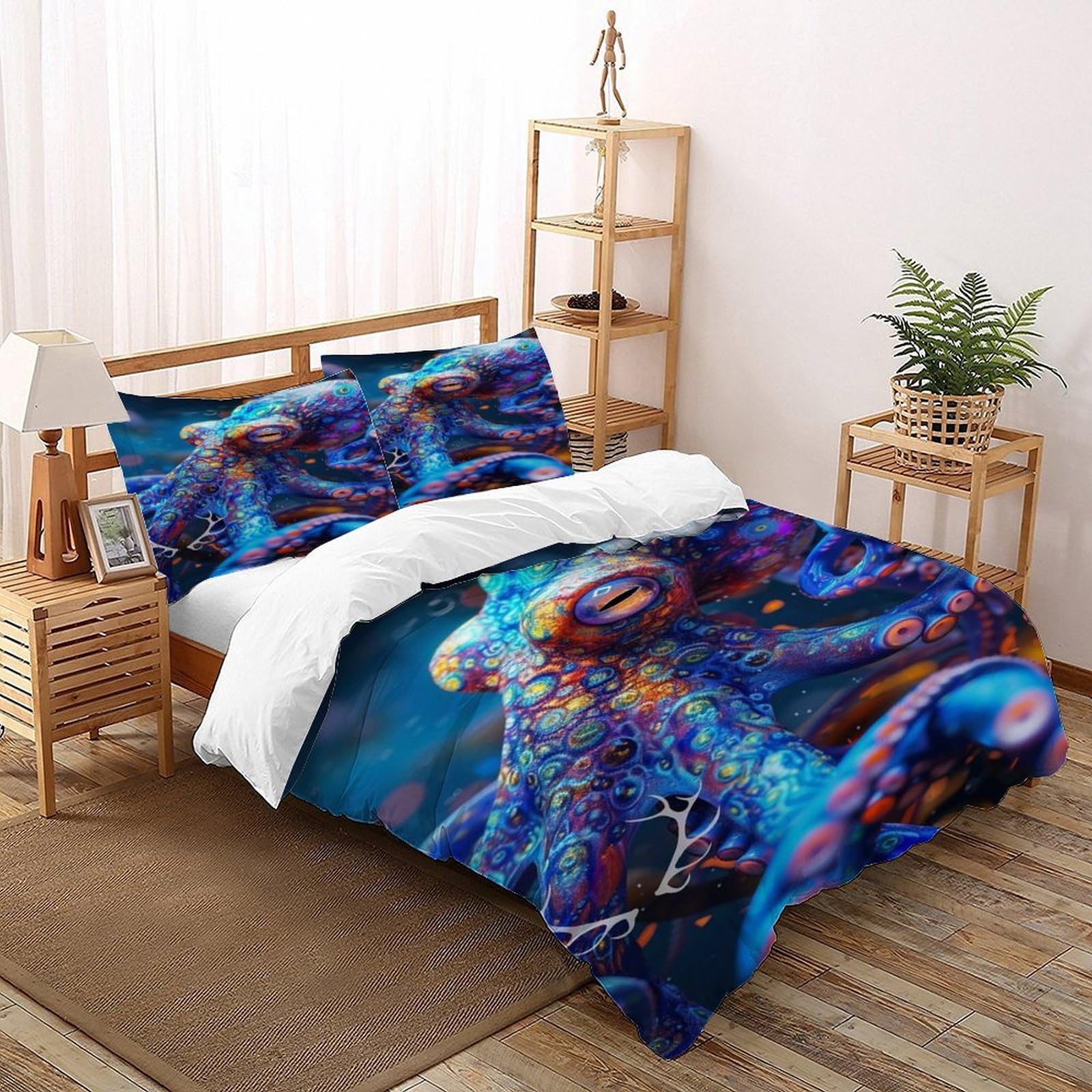 Octopus Colorful Bedding Set 3D Digital Printing Animal Theme Wildlife Marine Animal Duvet Cover Set 3 Pieces Microfiber Comforter Cover Universal for All Seasons with Pillowcase Double（200x200cm）