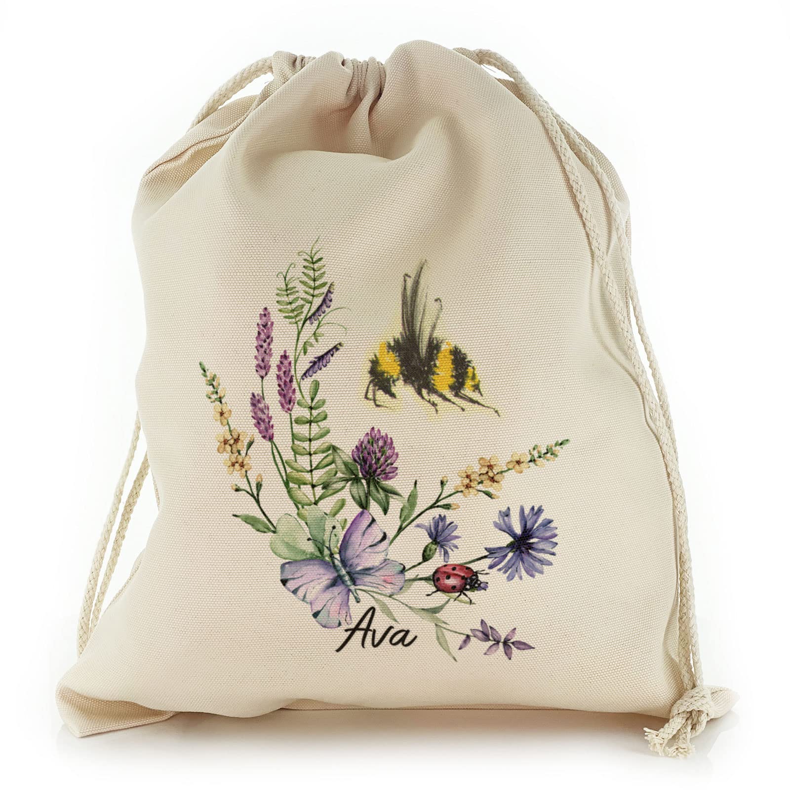 Personalised Gift Bag, Reusable, Butterfly Gift Bag, Daisy Butterfly Floral Design Drawstring Sack, Garden Seed Storage Bag Customised with With Name/Initials/Text, Sizes: XXS, XS, S, M, L, XL