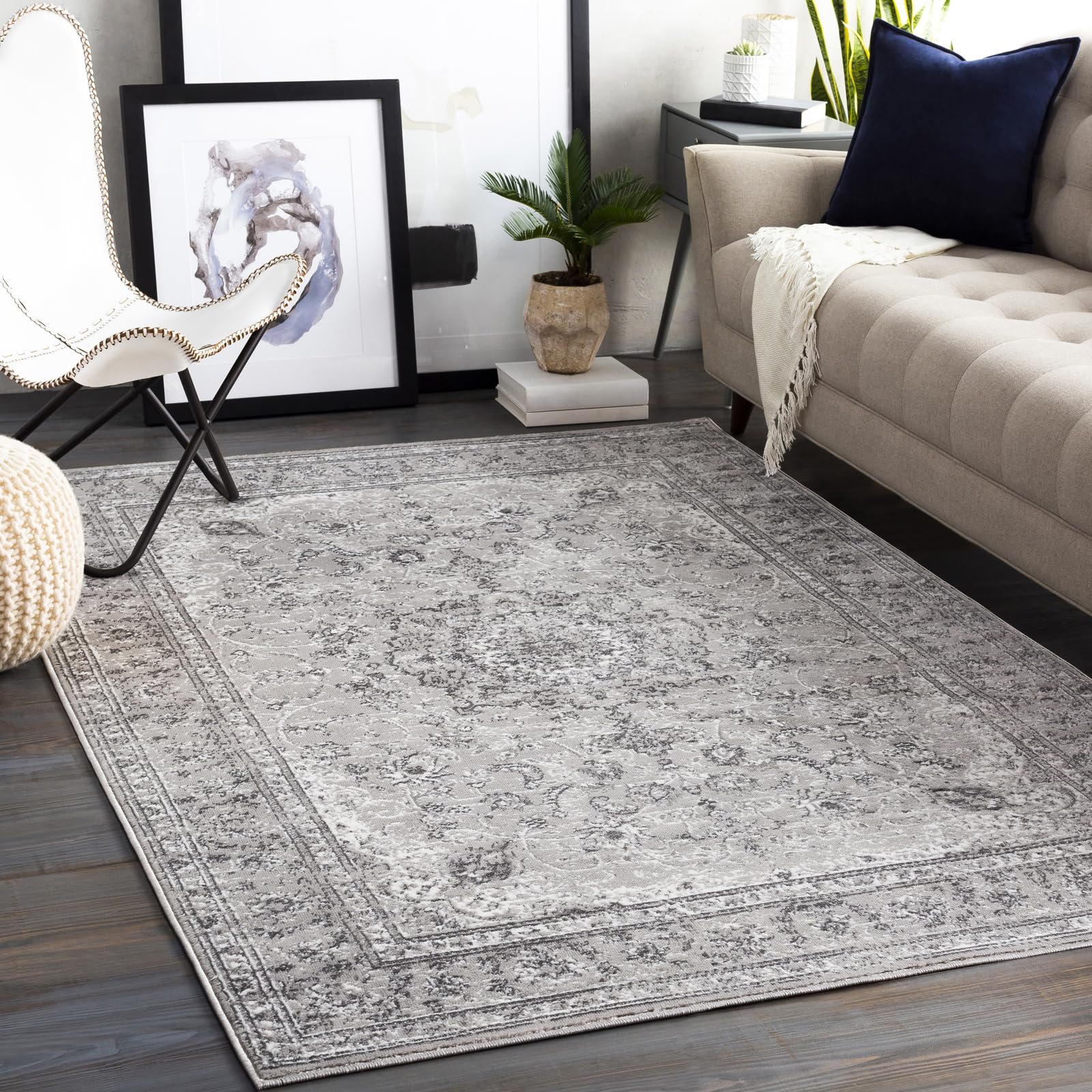 Livabliss Sanvi Hergla Vintage Style Floor Covering 160x220 cm – Scandi Neutral Traditional Pattern for Living Room, Hallway & Bedroom, Easy Care, Charcoal, Grey & White