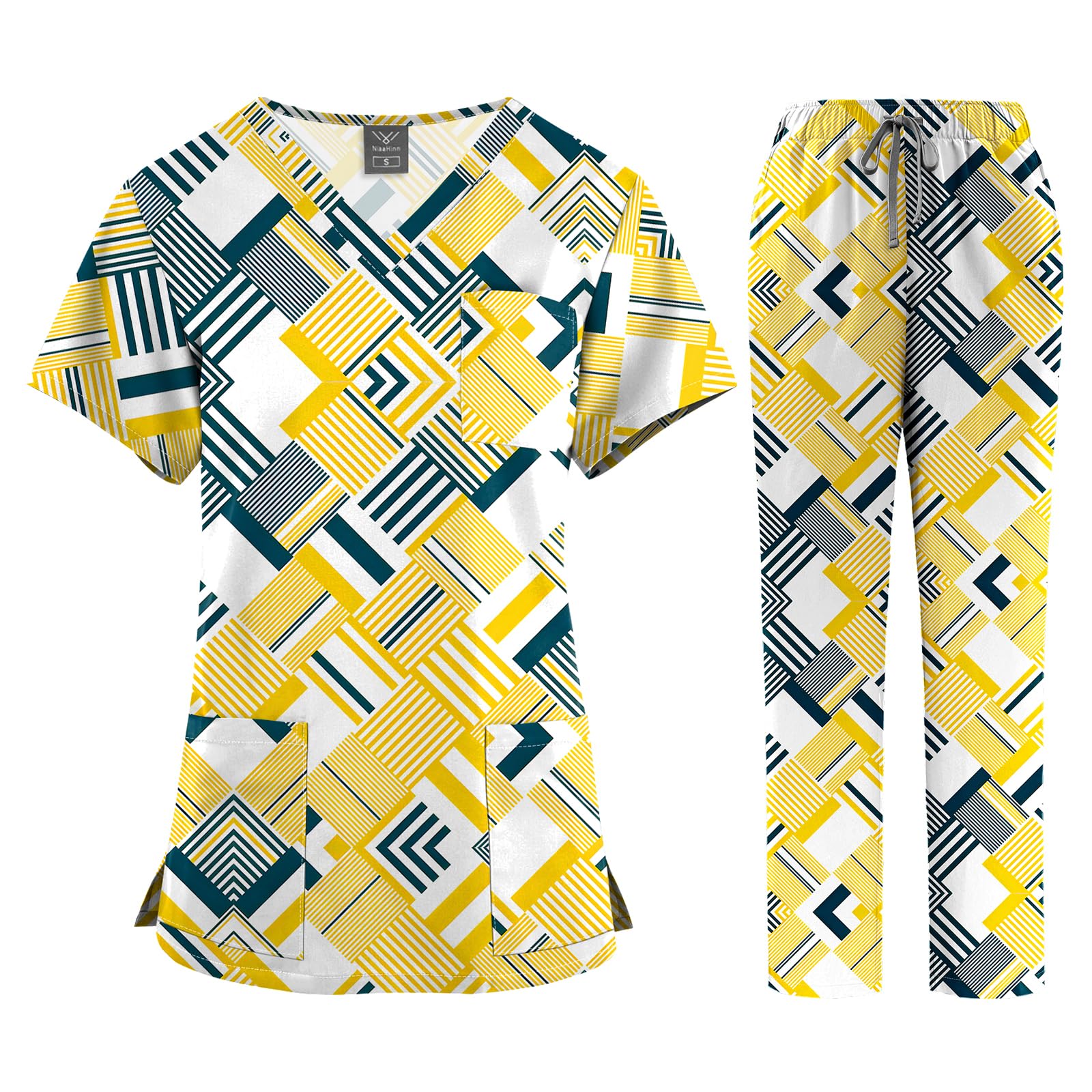 VIAOLI Printed Scrubs for Women Set - V-Neck Top and Pants with Pockets Nurse Uniform Fun and Comfortable Workwear (Print-3,S,Small)
