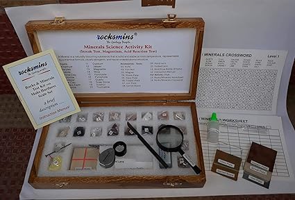 MI20ACWB-Wooden Minerals Science Activity Kit in Wooden Box Collection of 20 Specimens with Geology Crosswords & Manual