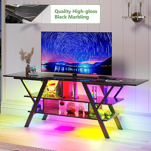 Miniatura 16 de HNEBC Soporte de TV de 75 pulgadas con luces LED, centro de entretenimiento industrial con almacenamiento, soporte de TV LED con estación de carga