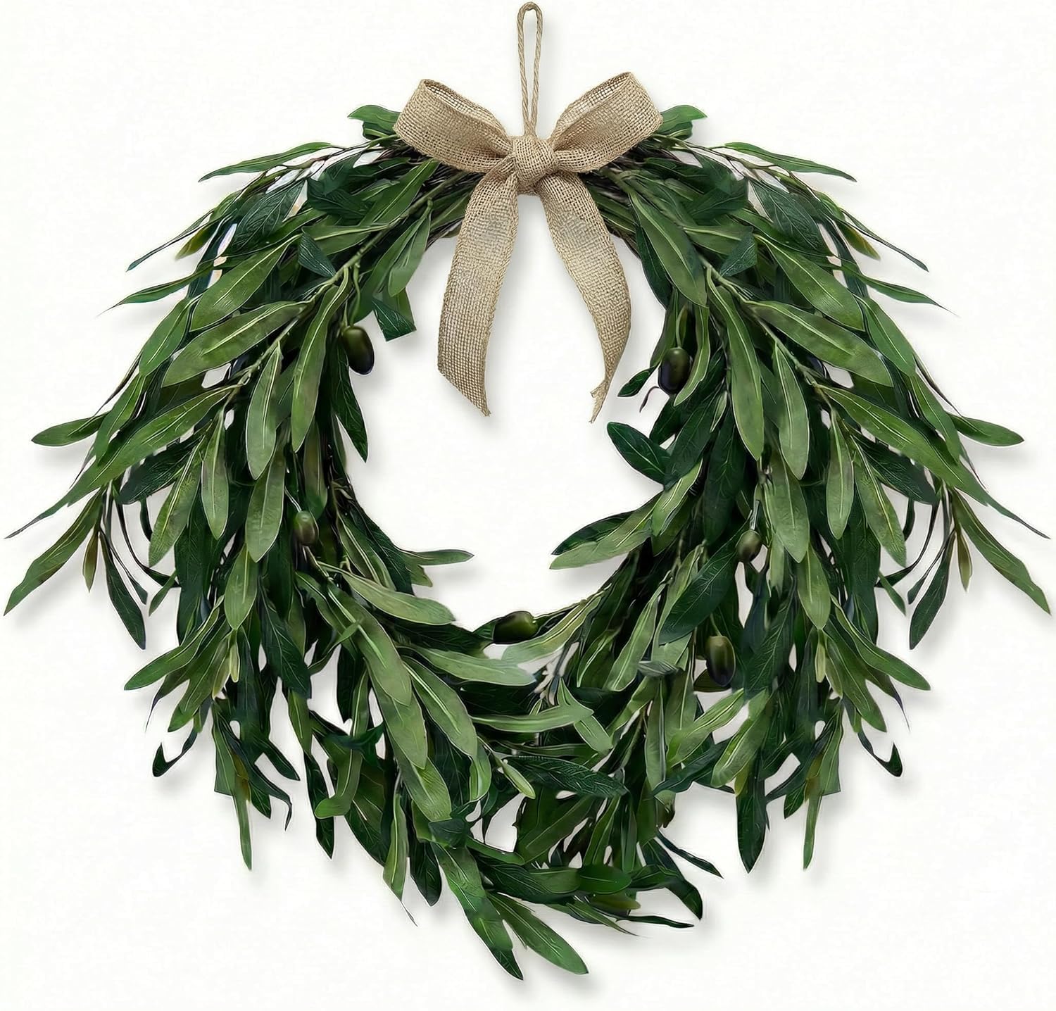 16" Heart Shaped Artificial Olive Leaf & Fruit Wreath Realistic Green Olive Branches with Spring Floral Accents Farmhouse Wall Door Wedding Arch Window Hanging for Indoor Outdoor