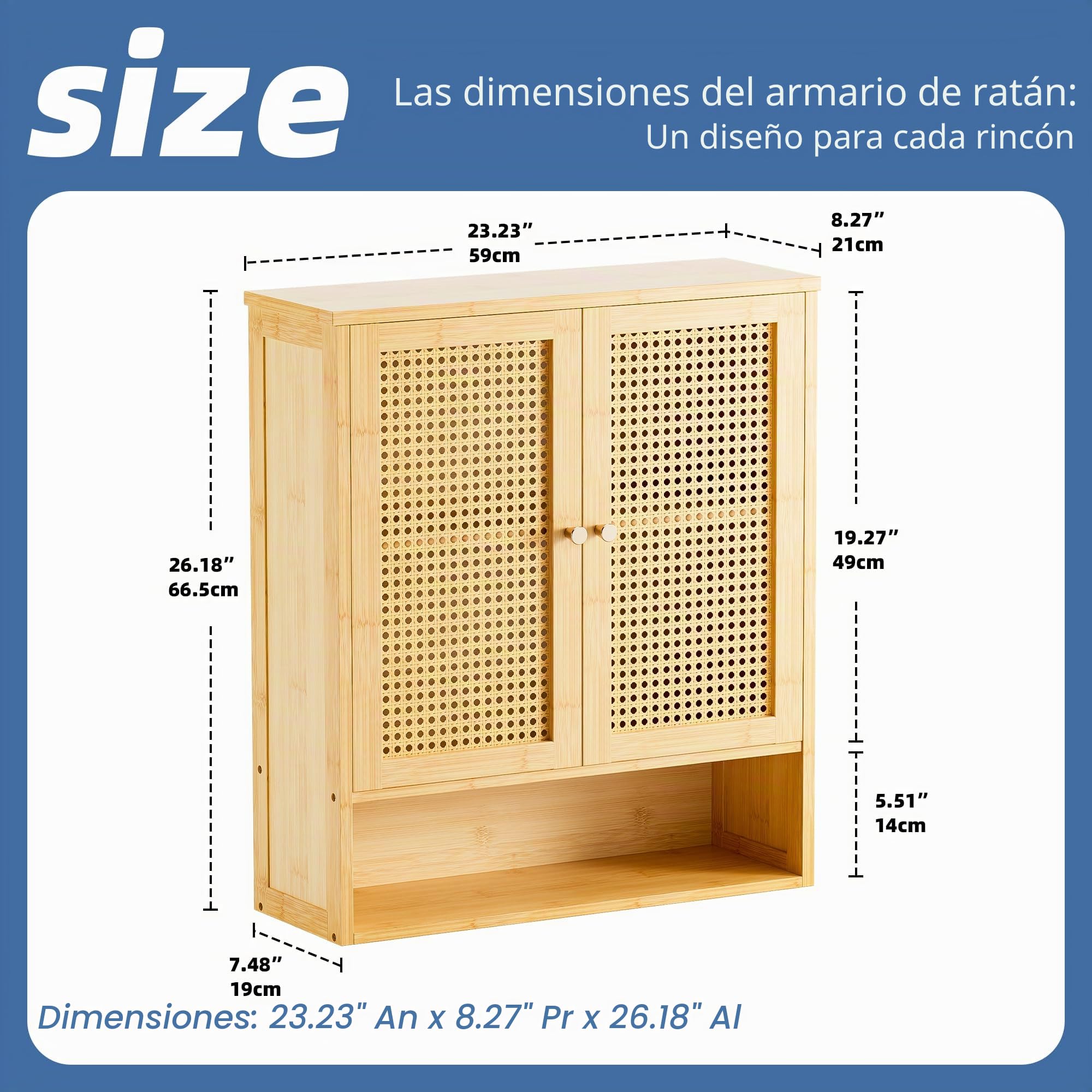 HITNET Armario Baño Pared en Ratán, Mueble Colgante de Bambú, Gabinete de Almacenamiento Suspendido con Doble Puerta y Estantes Ajustables, para Salón, Pasillo y Cocina, Color Natural